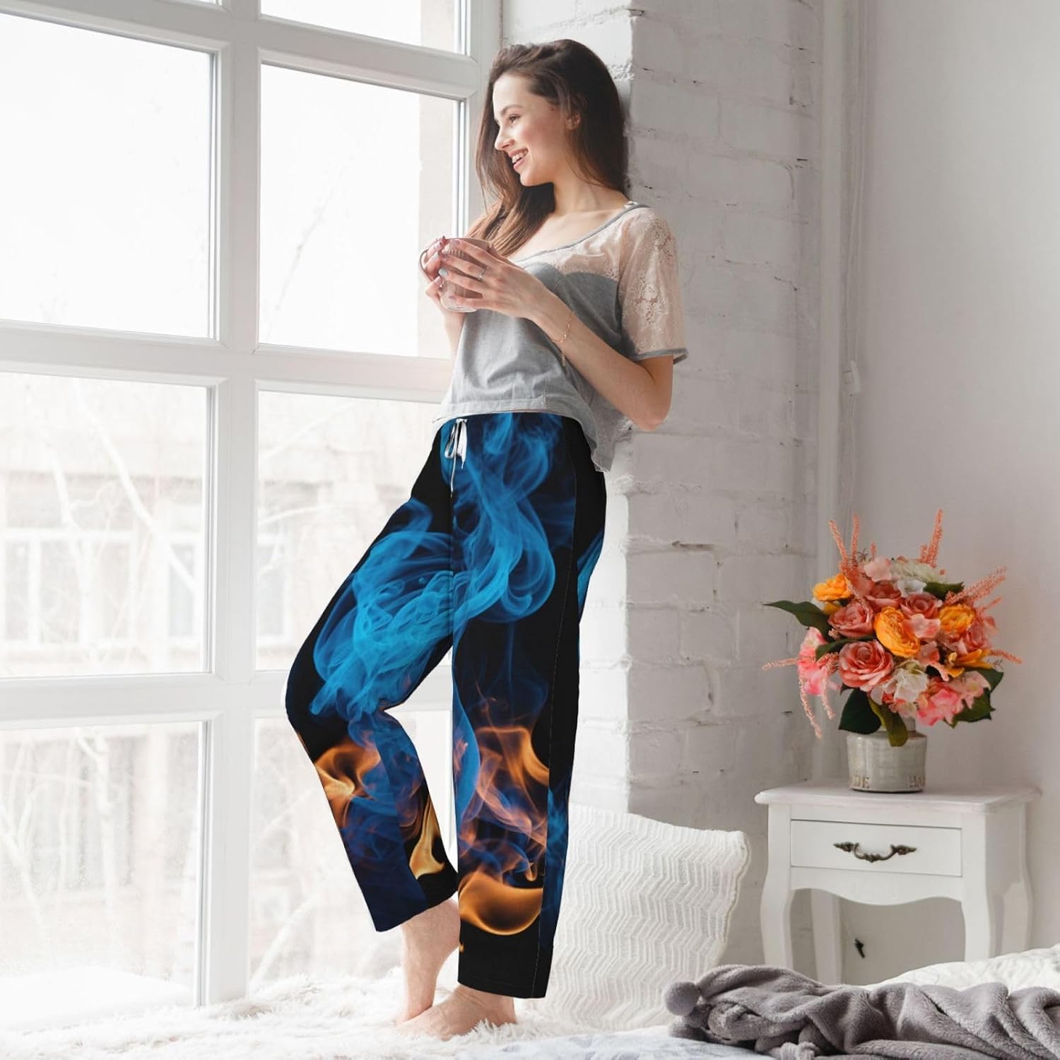 Blue Flame Print Cozy Flannel Pajama Pants For Women,Warm Christmas Pj Pants,Cute Fleece Pajamas
