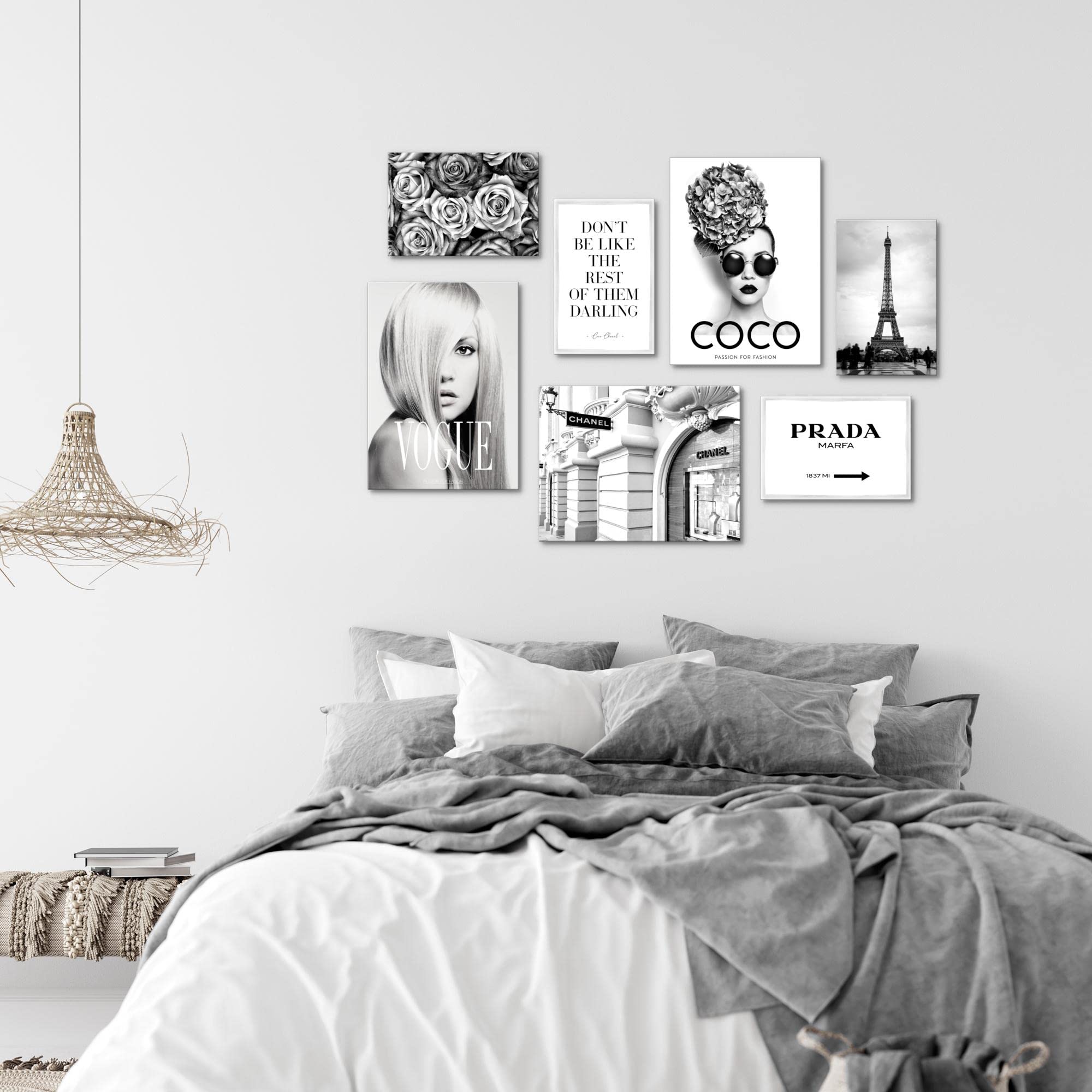 Novart Wandbilder Fashion Coco - KOMPLETT AUFHÄNGFERTIG - Schwarz Weiss Wohnzimmer Mädchen Teenager - 7 Moderne Mood-Bilder - N009071a