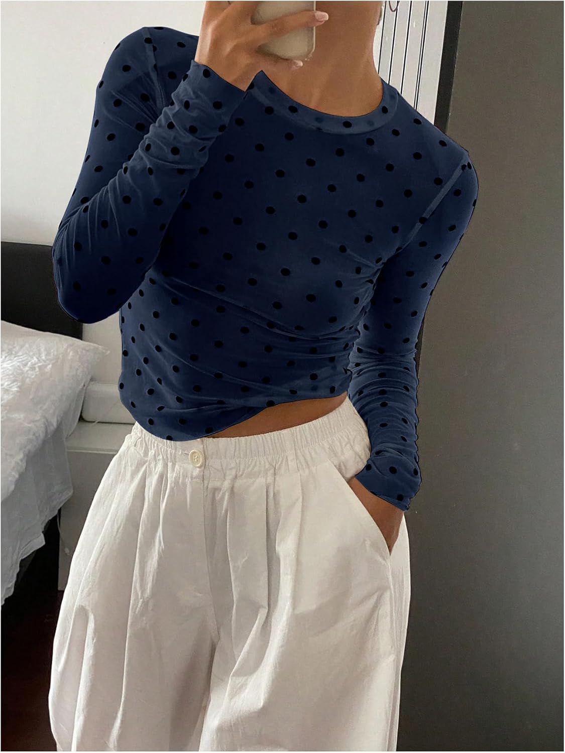 SHENHE Women's Polka Dots Sheer Mesh T Shirt Long Sleeve Round Neck Slim Fitted Streetwear Top - Image 4