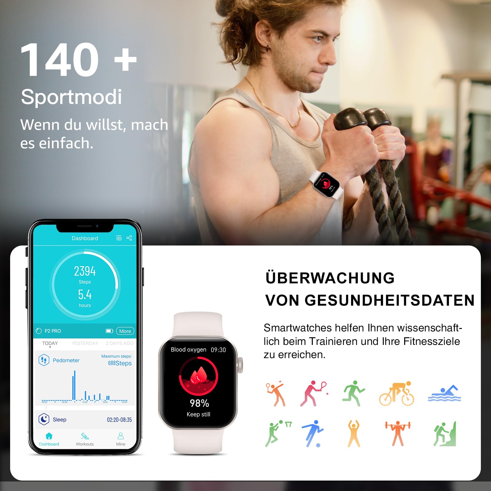 Smartwatch Damen Herren, 1,85" HD-Display Smart Watch mit Telefonfunktion, 140+ Sportmodi Fitness Tracker mit Herzfrequenz SpO2 Schlafmonitor Schrittzähler, IP68 Wasserdicht Fitnessuhr iOS Starlight