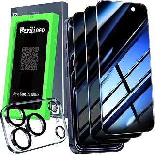 Ferilinso Auto-Dust-Install 3 Pack Privacy Screen Protector for iPhone 17 Pro with (Private Accessories)-Metal Aluminum Alloy Camera Lens Protector, Tempered Glass Cover, Case Friendly - Amazon product rated Grade A