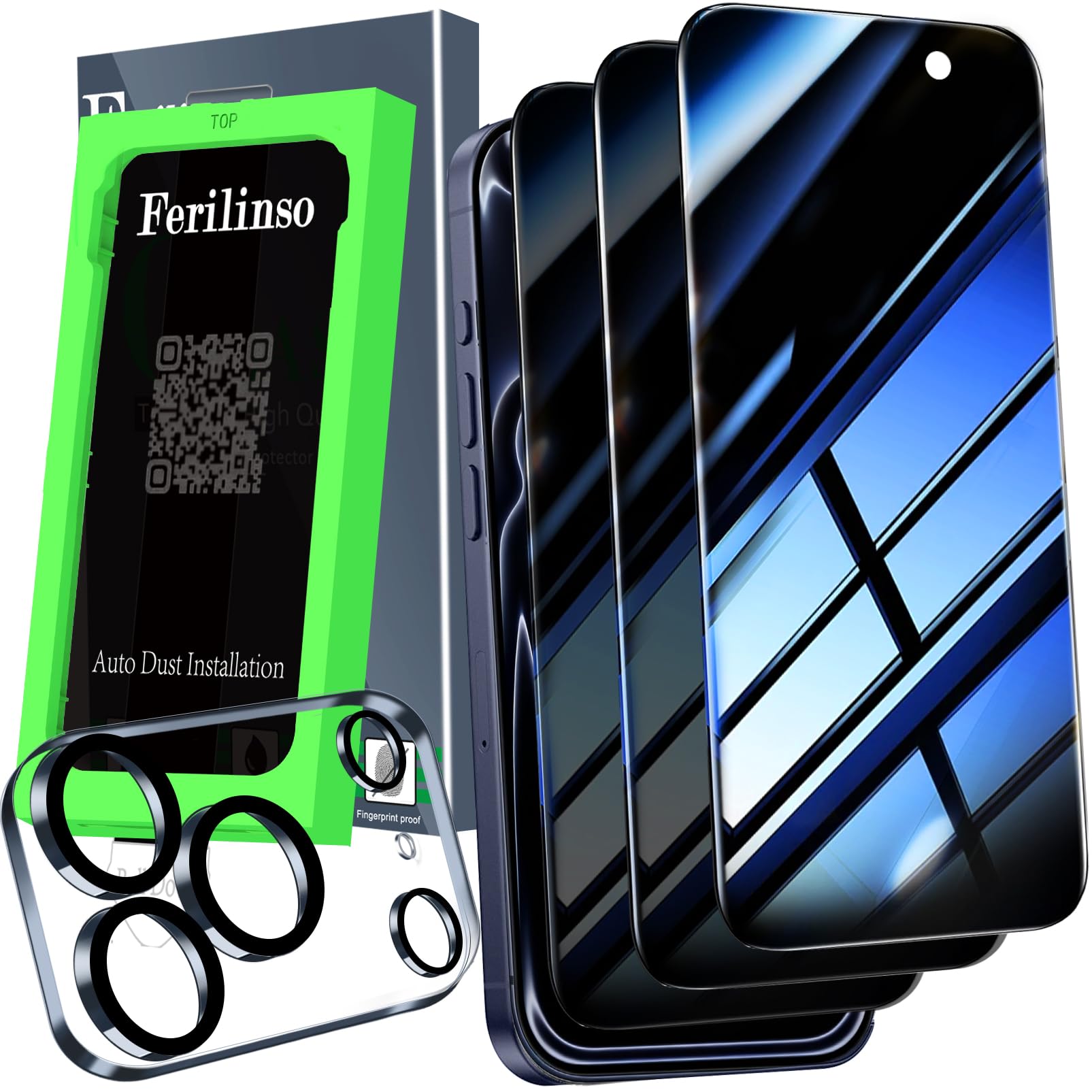 Ferilinso Auto-Dust-Install 3 Pack Privacy Screen Protector for iPhone 17 Pro Max with (Private Accessories)-Metal Aluminum Alloy Camera Lens Protector, Tempered Glass Cover, Case Friendly