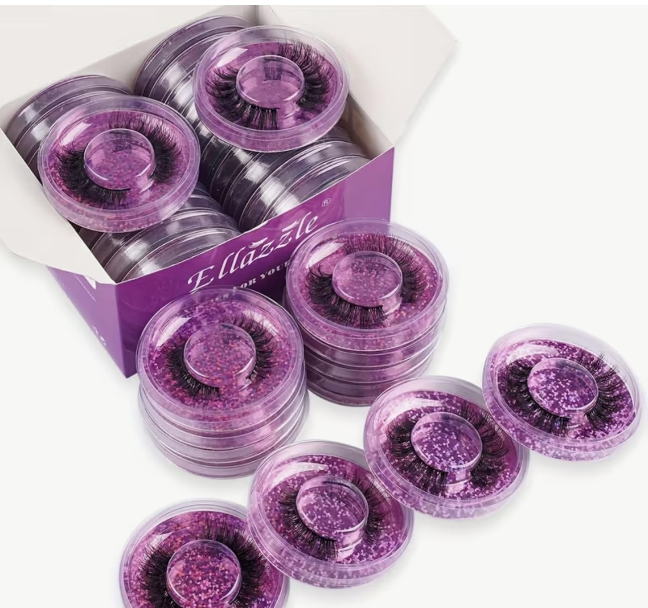 3D Mink False Eyelashes 2 Pairs Thick Crossed Lashes Purple Glitter Case