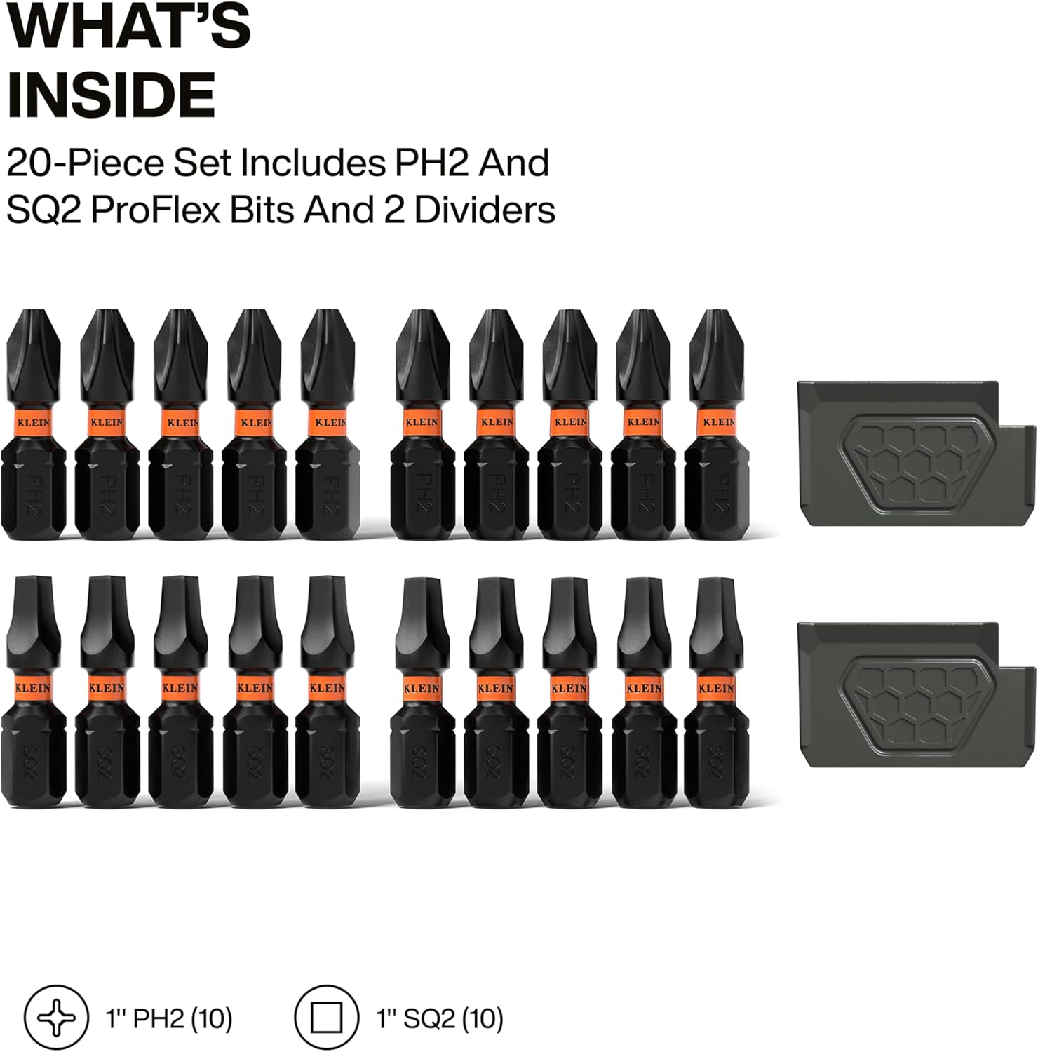 Klein Tools 33002S Impact Driver Bit Set, 20-Piece, Slim PH2 and SQ2 ProFlex Set, MODbox Compatible Storage Case, Phillips and Square Bits, Organizing Bin and Tray