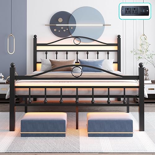Miniatura 12 de Marco de cama tamaño completo con cabecero, marco de cama de plataforma de metal con estación de carga y luces LED, espacio de almacenamiento de 12