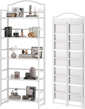 JSB 5 Tier No Assembly Folding Bookshelf, Arched Bookshelf, Foldable Bookcase for Living Room, Bedroom, Office,Skinny Bookshelf All White