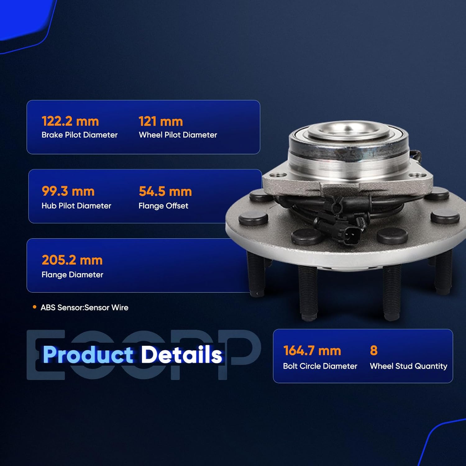 ECCPP 515114 Front Wheel Hub Bearing Assembly For DODGE RAM 1500 2006-2008 RWD, 8-Lug, 4.7L, 5.7L,For DODGE RAM 2500 2006-2008 RWD,For DODGE RAM 3500 Sensor Wire