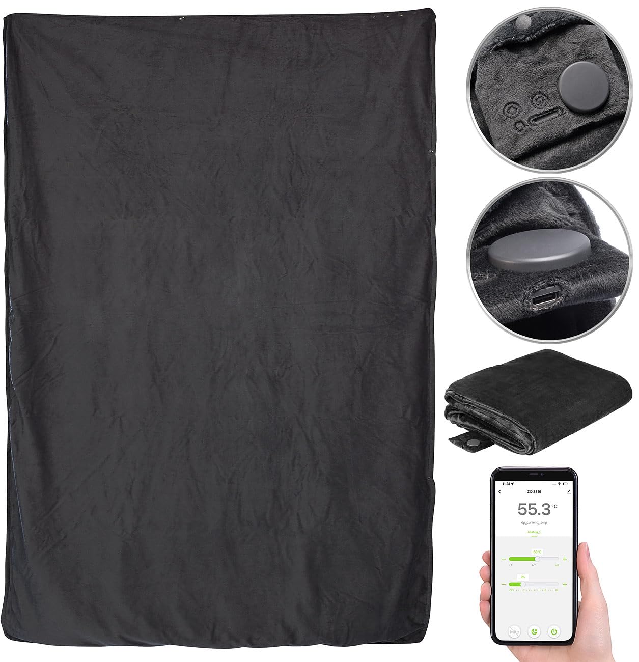 Coperta riscaldante smart a infrarossi con Bluetooth e app ELESION, fino a 65 °C, 180 x 135 cm