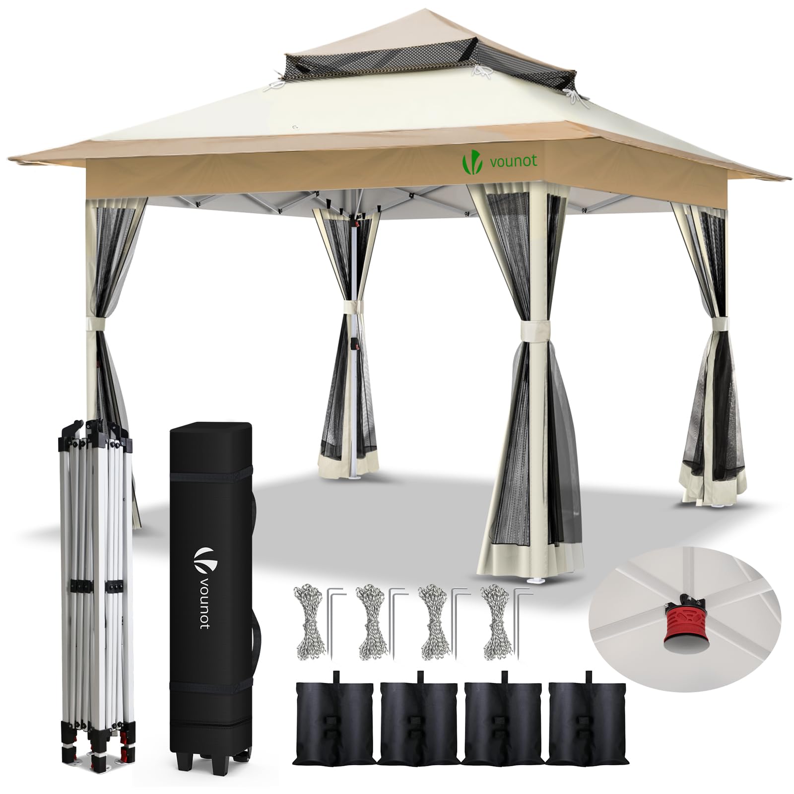 VOUNOT® 3.6 x 3.6m Pop Up Gazebo with Central Lock System, Double Roof Garden Marquee with Mesh Sidewalls, Leg Weights & Wheeled Carry Bag, Beige