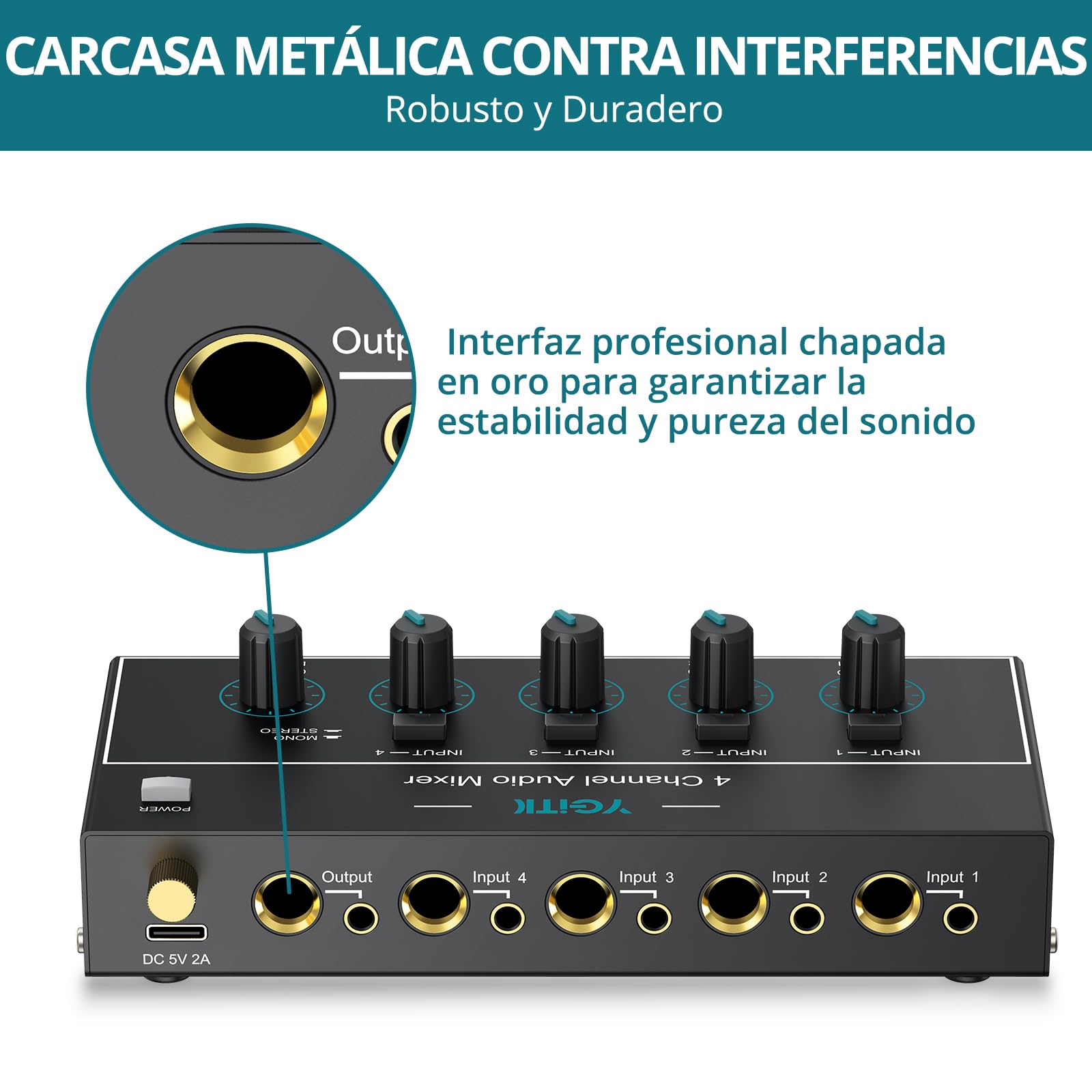 Mini Mezclador de Audio, Mezclador de Línea Estéreo de 4 Canales de 6.35mm+3.5mm TSR Salida de Audio Jack de Entrada para Guitarras, Bajo, Teclados, Micrófono Dinámico