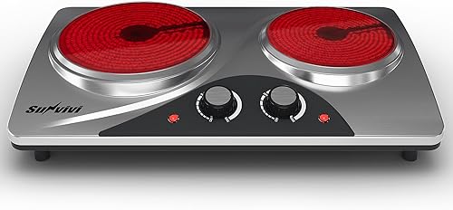 Miniatura 7 de Estufa eléctrica portátil de cerámica de 1800 W con doble quemador con control de perilla, luz indicadora, compatibilidad universal con utensilios