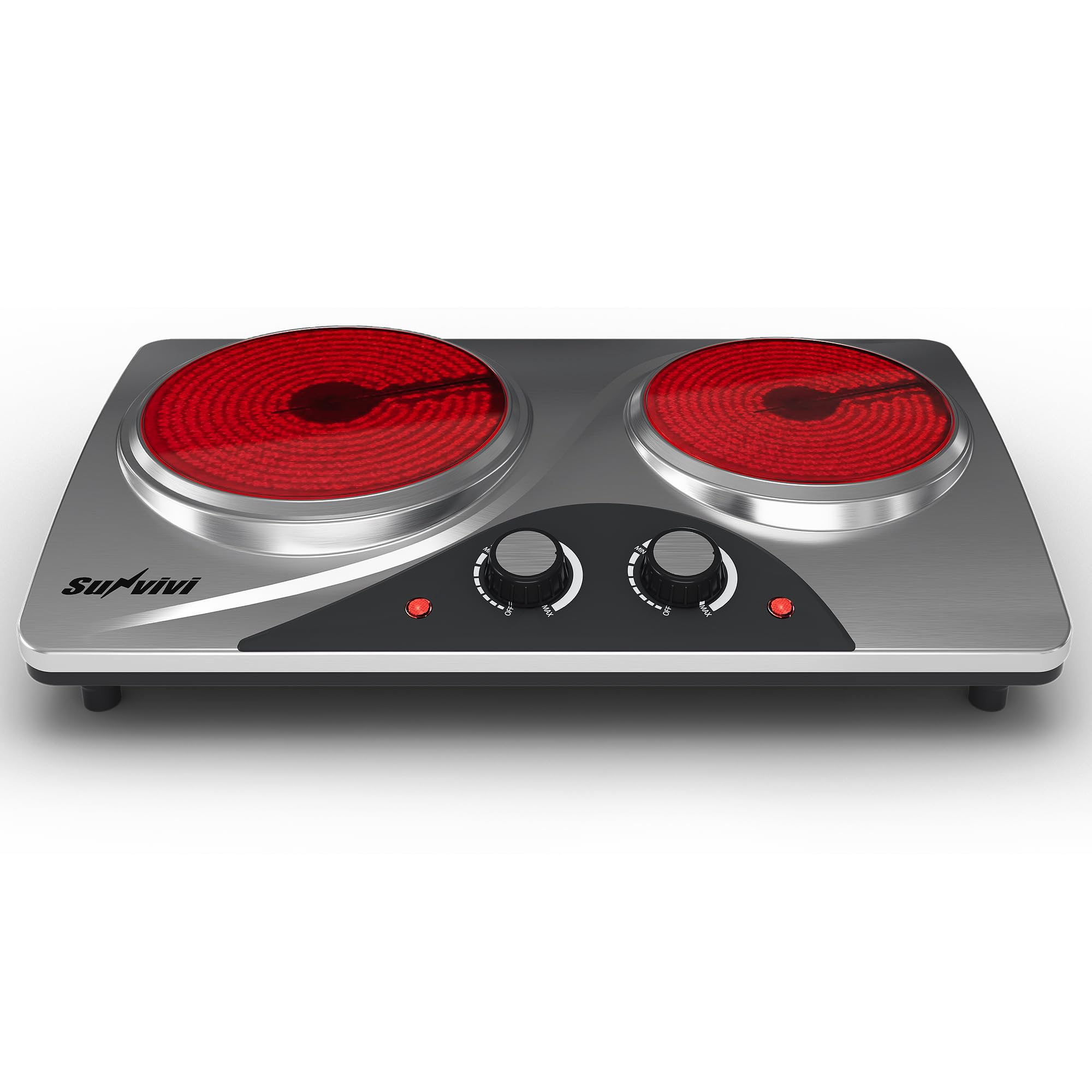 Sunvivi 1800W Dual Burner Portable Electric Ceramic Stove – Knob Control, Indicator Light, Compatible with All Cookware, Ideal for Multiple Cooking Scenarios, Silver