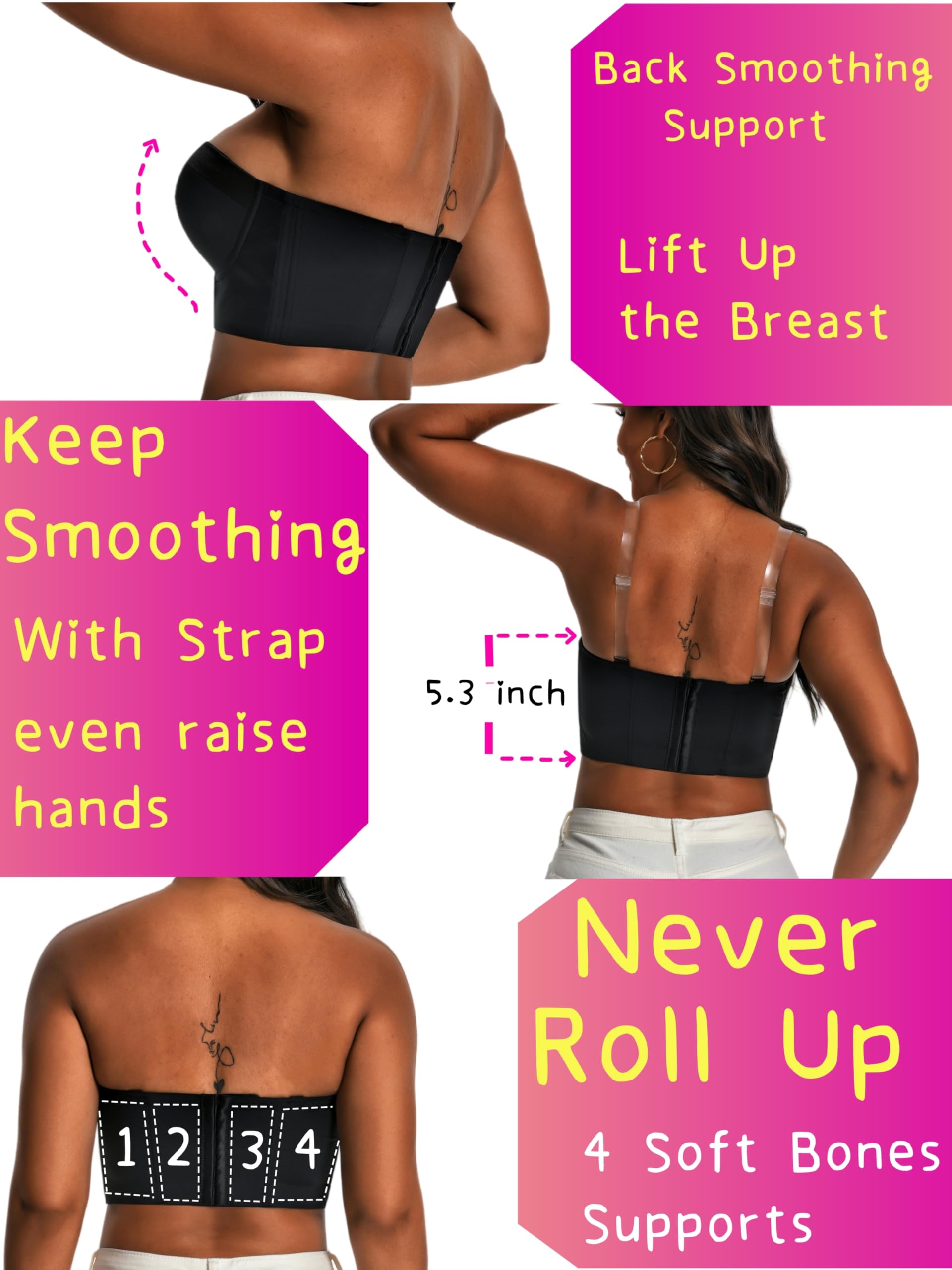 Women Longline Strapless Bra Back Smoothing Support with Clear Straps for Big Bust Fat, No Move on Wedding Party C/D/DD/DDD: 42DDD Red