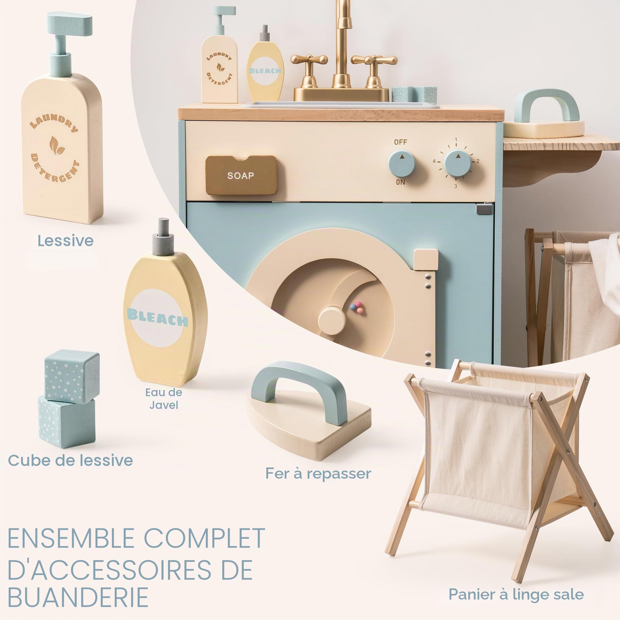 ROBUD Machine à Laver en Bois pour Enfants avec Panier à Linge, Planche à Repasser, détergent et Plus Encore. Convient aux Enfants à partir de 3 Ans.