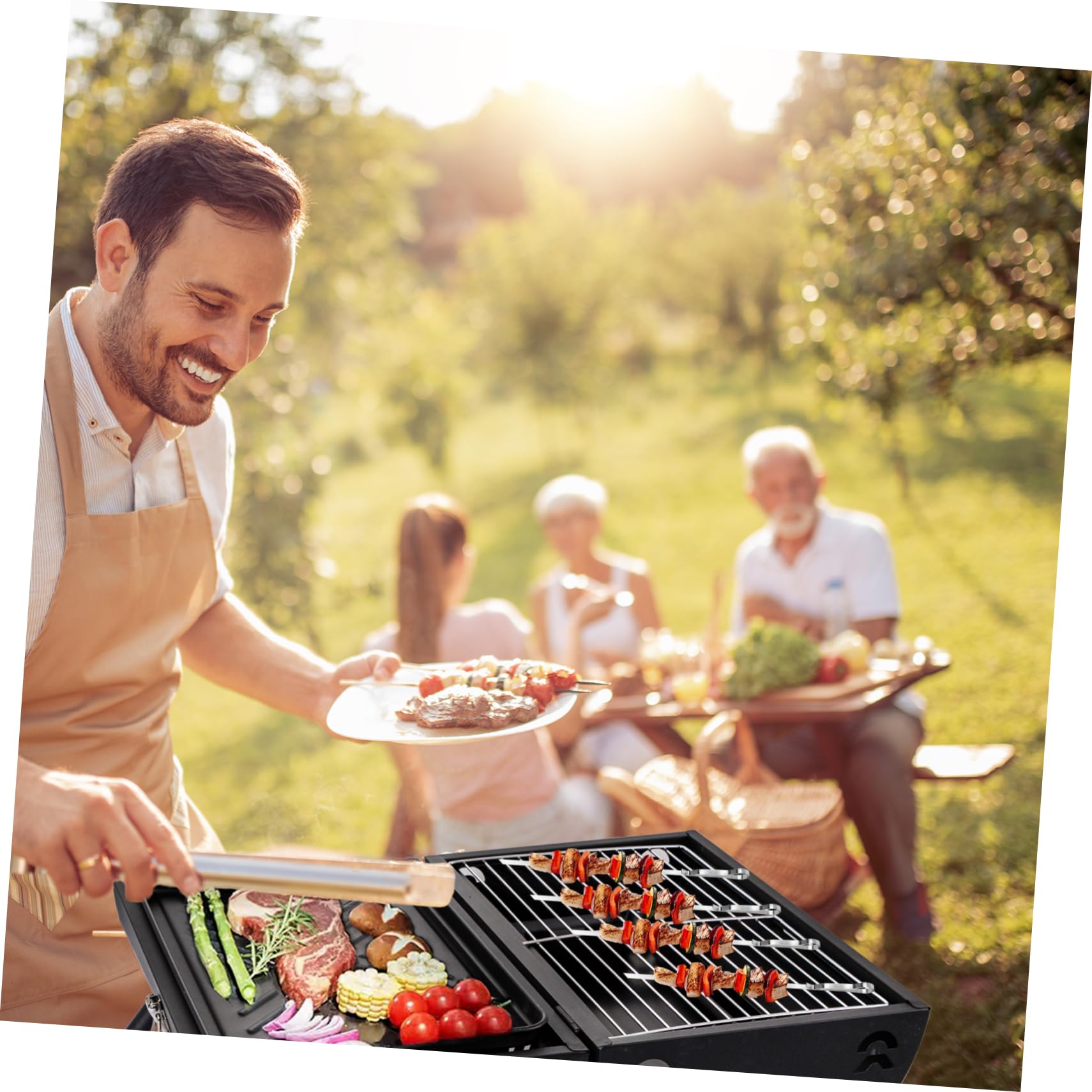 Set di Spiedini da Barbecue in Acciaio Inox, Antiruggine, Base e Borsa, per Carne e Verdure, Facile Infilare, per Feste All'aperto