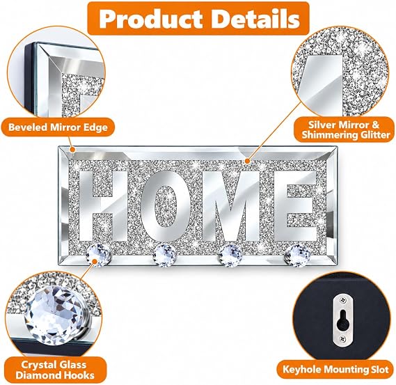 SHYFOY Mirrored Key Holder for Wall, Silver Home Sign with 4 Crystal Hooks