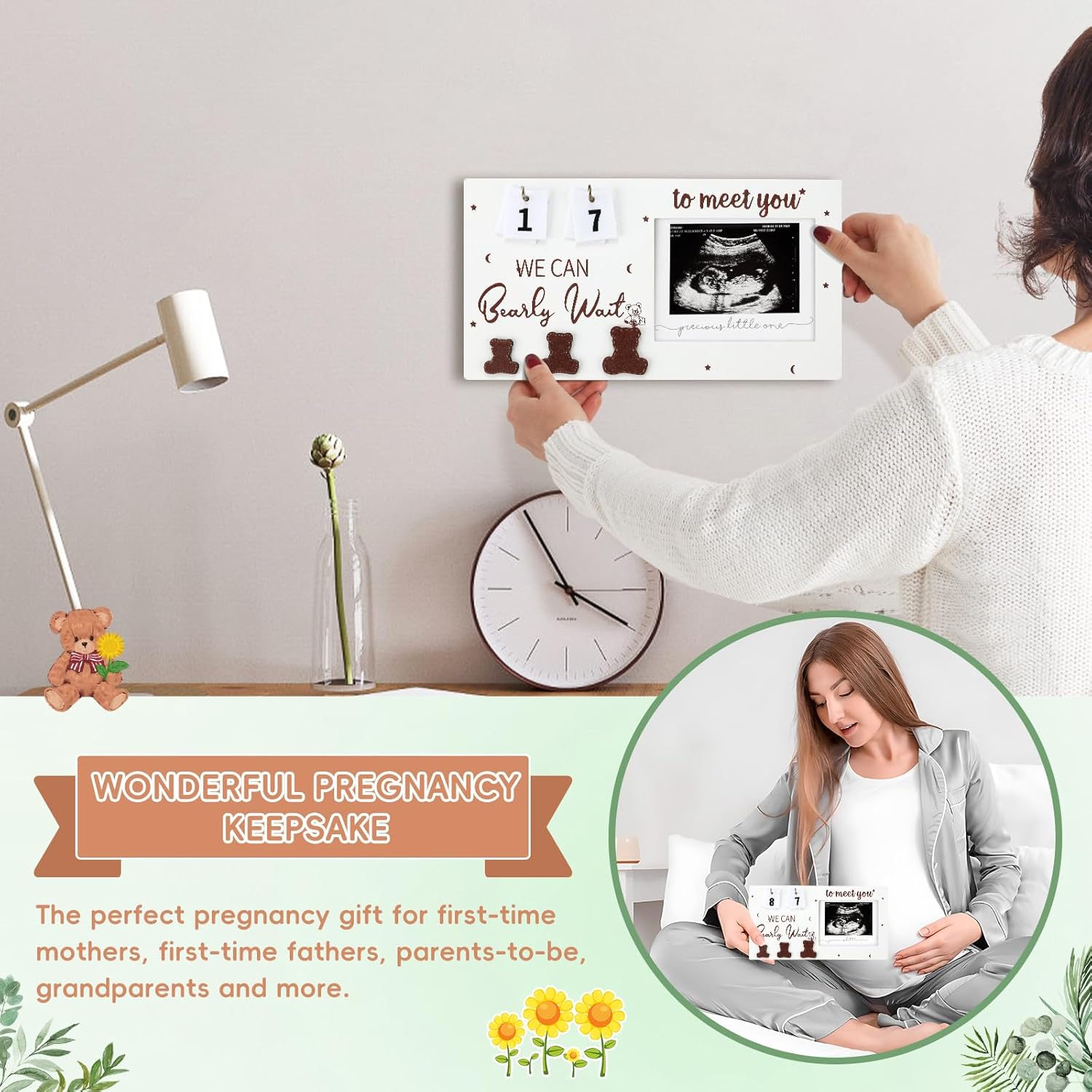 11 Pcs Pregnancy Announcement Set, Baby Reveal Ideas Include Felt Letter Board Sonogram Picture Frame Baby Bodysuit Bear Booties for Pregnancy Announcement Photo Props Coming Soon Baby Announcement - Image 4