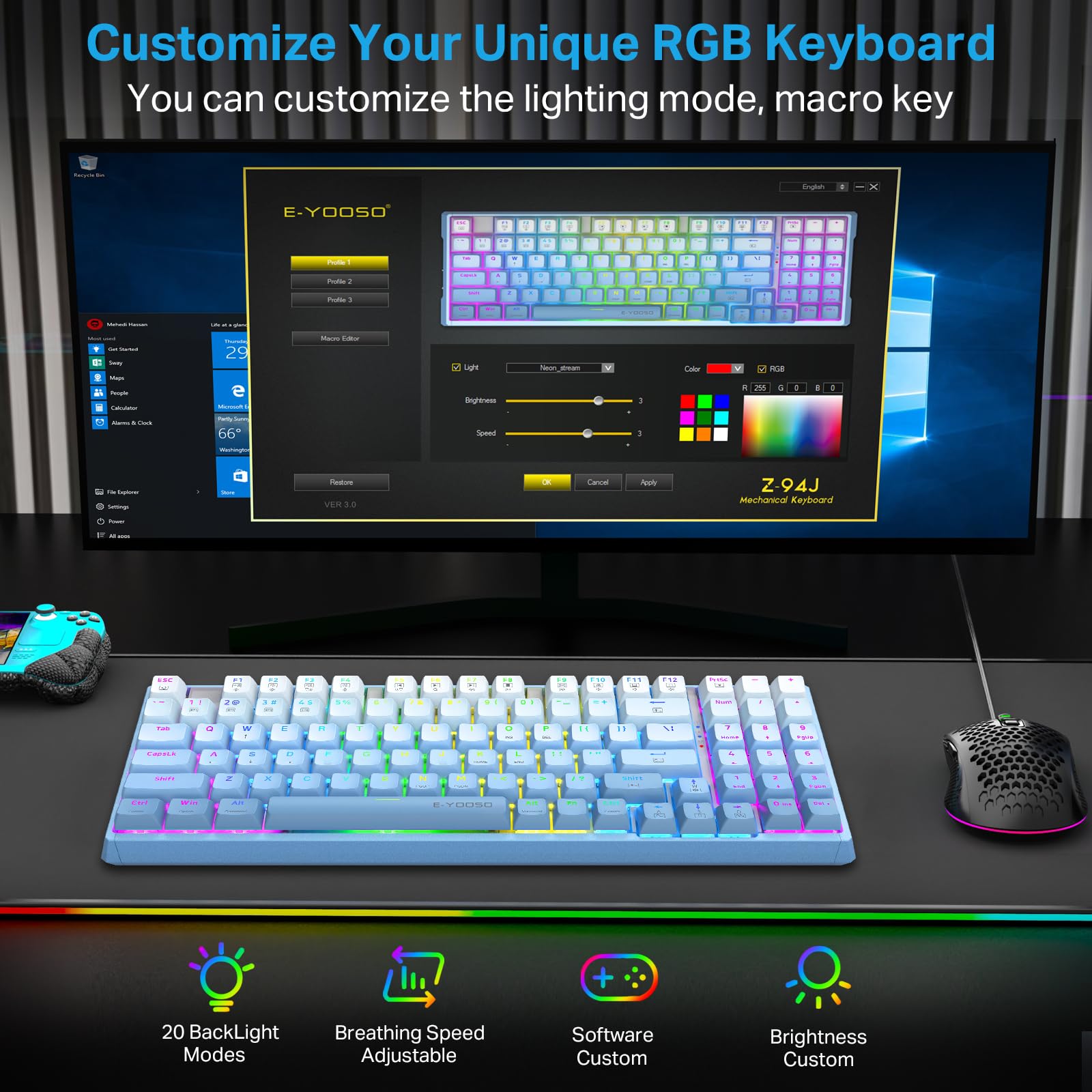 Amazon.com: Tri-Mode RGB Backlit Mechanical Keyboard, Rechargeable