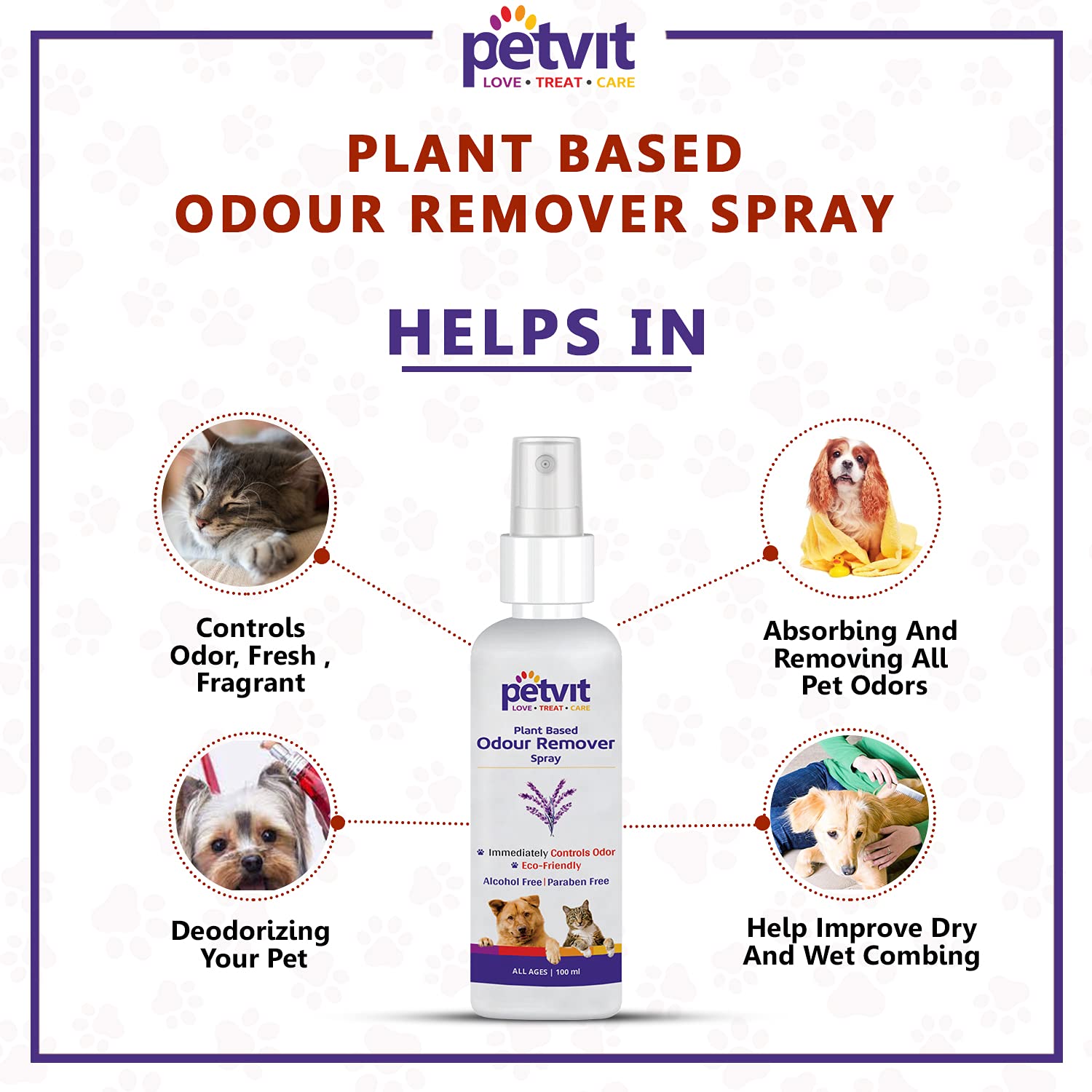 Petvit Odour Remover Dog Spray 100ml | Eco-Friendly Plant Based Urine Smell Remover - Pet Safe | Bio Friendly Dog Deodorizers | Can be Used on All Fabrics - Pet Perfume Spray Long Lasting 1
