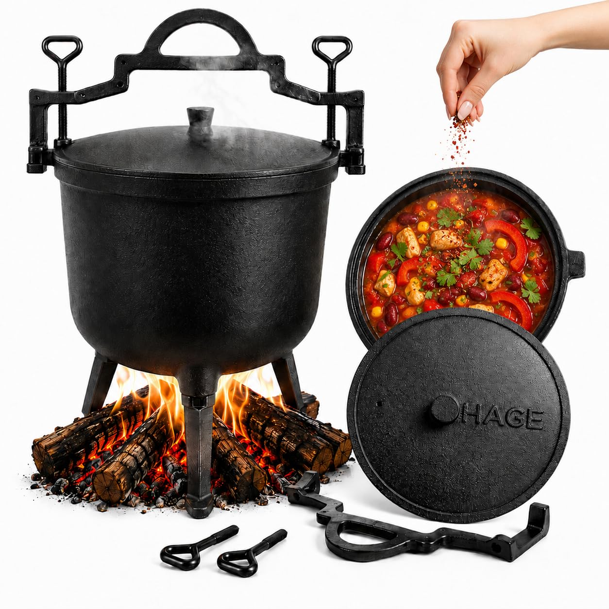 HAGE Gulaschkessel Gusseisen 4L mit Deckel und Standfüßen Dutch Oven Feuertopf für Lagerfeuer Grill Camping Ungarischer Gulaschtopf Schmortopf für Eintopf Suppe Fleisch und BBQ