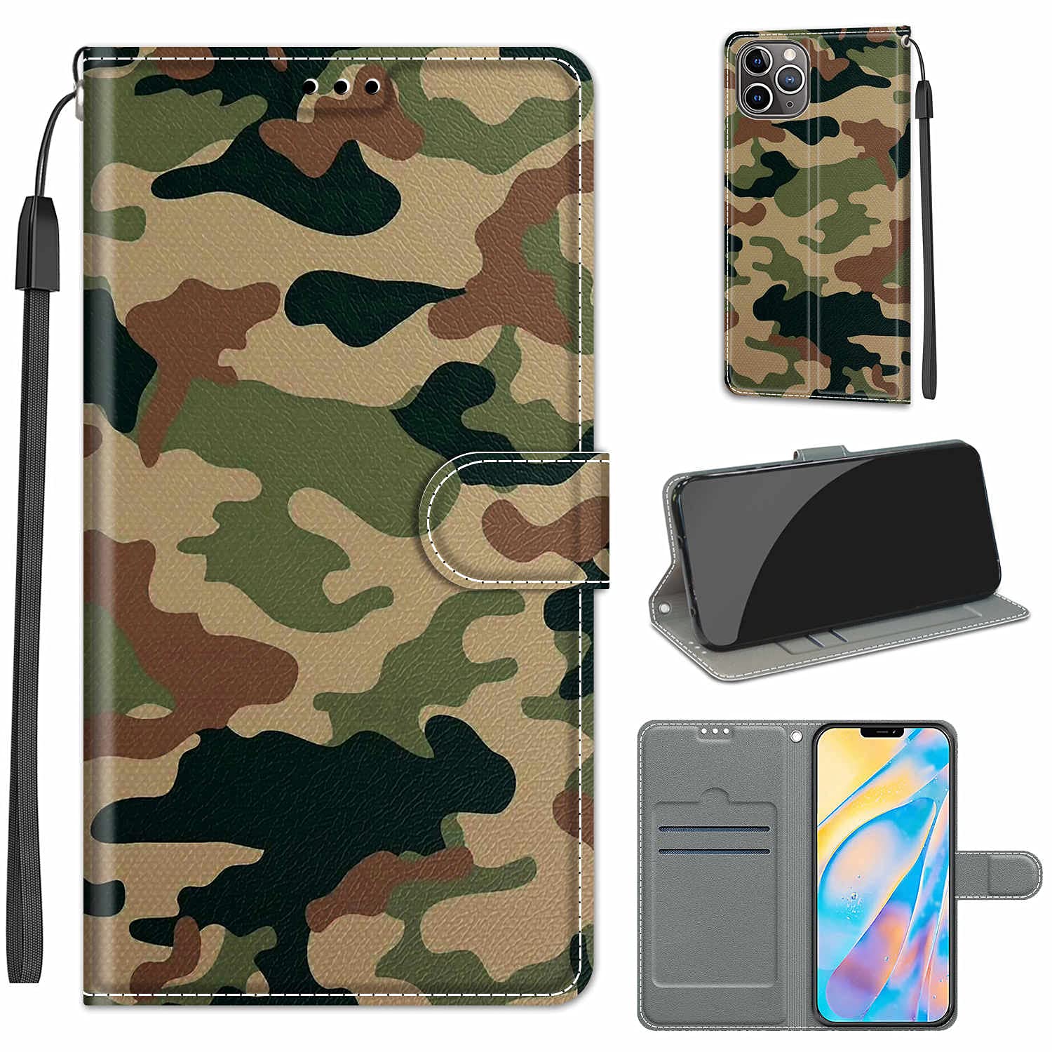 Cover a Libro per iPhone 12 PRO Max in Pelle con Silicone Morbido Custodie iPhone 12 PRO Max Portafoglio Disegni Custodia Antiurto 360 Gradi Accessori Leather Case - Camuffamento