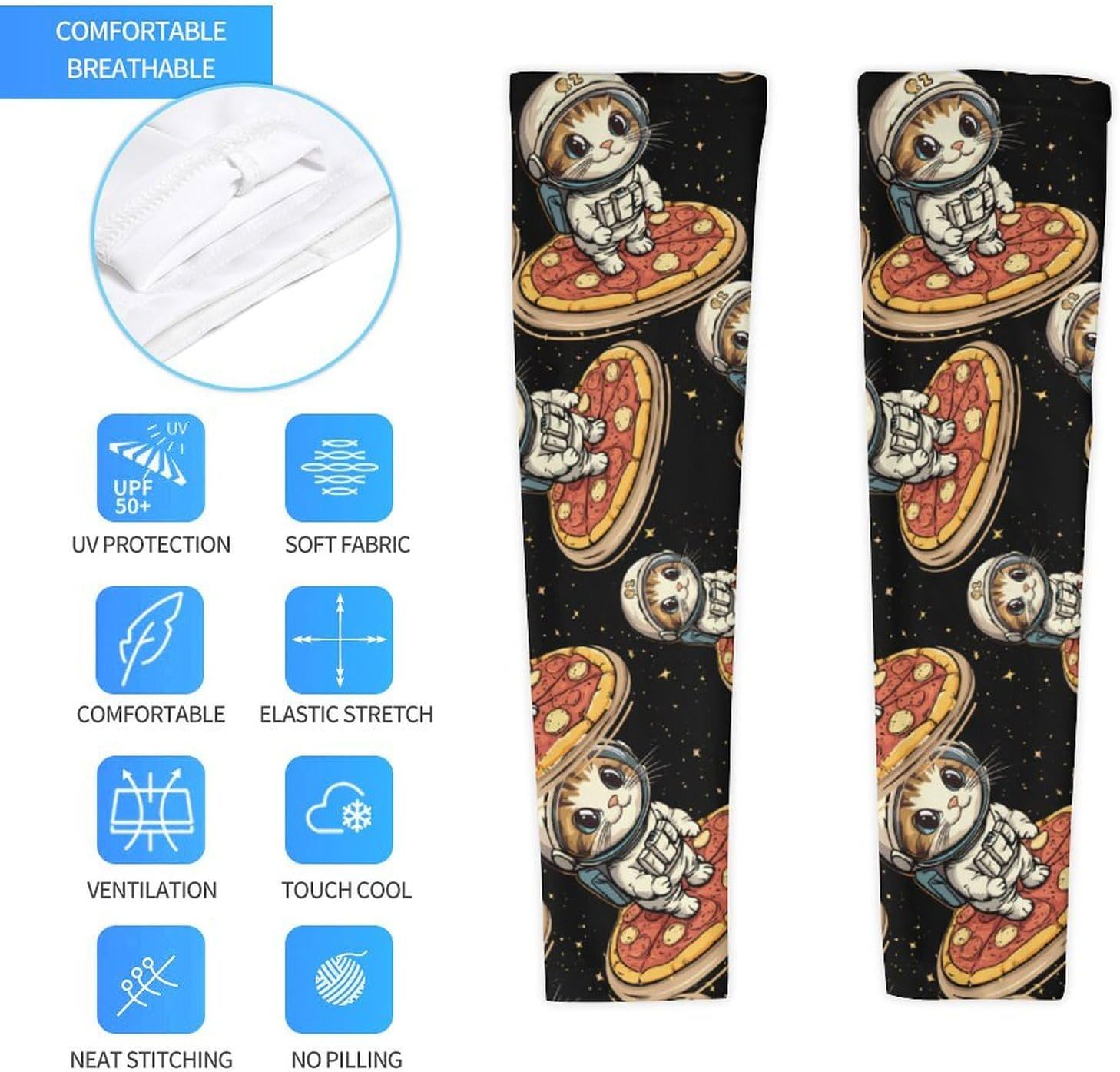 Funny Cat Flying A Pizza Astronaut Arm Sleeves Sun Protection Sleeves Sports Cooling Arm Compression Sleeve for Men Women