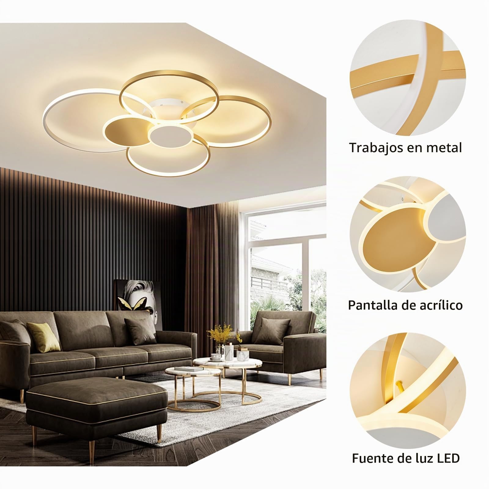 Regulable Luz De Techo De Sala De Estar LED Con Lámpara De Techo De Control Remoto Diseño De Anillo Redondo Creativo Luces De Techo De Metal Para Dormitorio Comedor Oficina Candelabro (Gold-100CM)