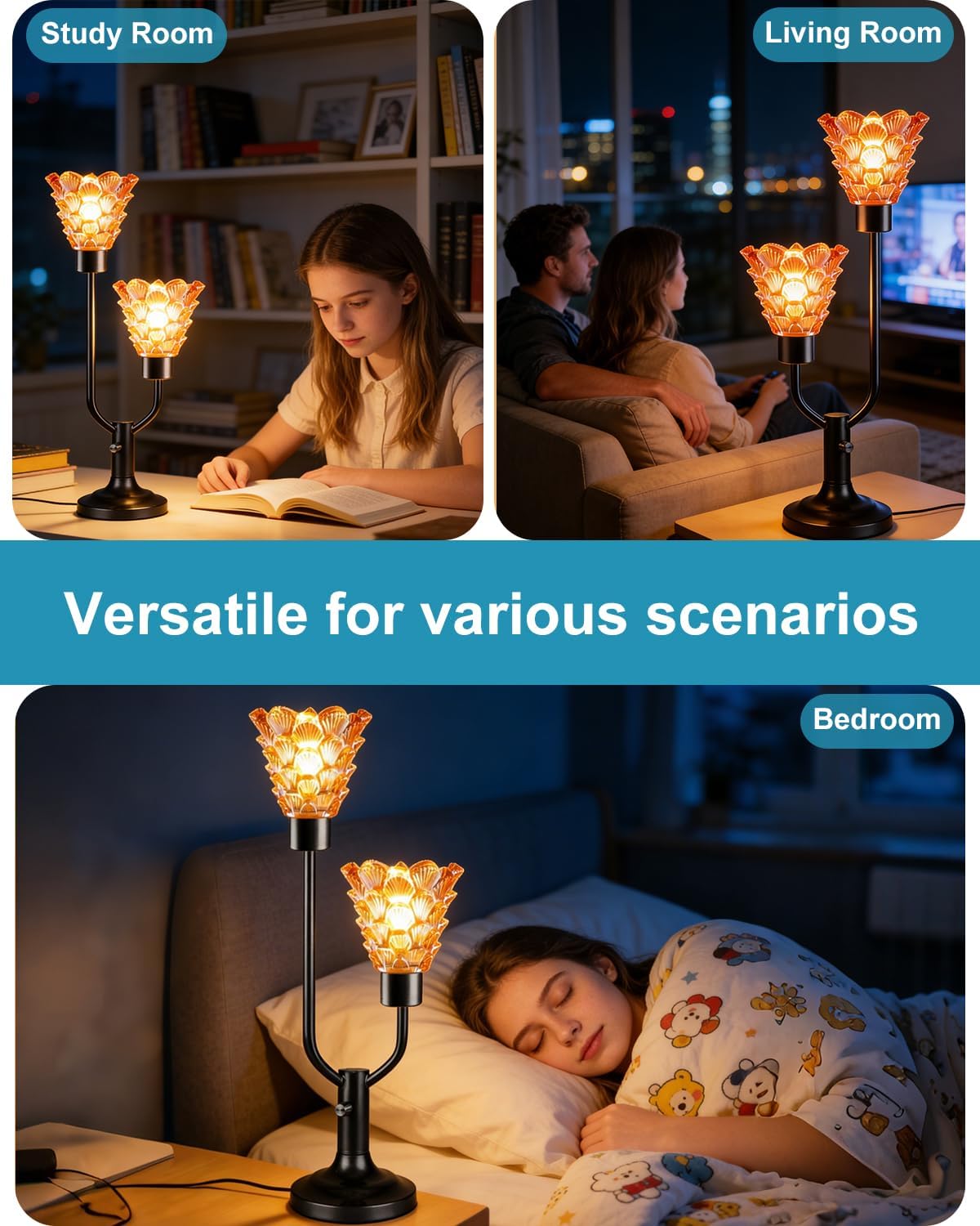 Lightdot Glass Table Lamp Dimmable Mid Century Modern Black Desk Lamp with Thickened Amber Glass 3 Bulbs Included 3000K Warmwhite Nightstand Lamp for Bedroom Bedside End Table