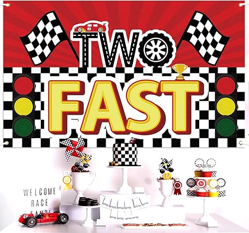 Miniatura 4 de Cartel grande de carreras con dos carros de carreras  Fondo fotopropulsado de pared para el hogar de bienvenida al segundo cumpleaños, decoración de