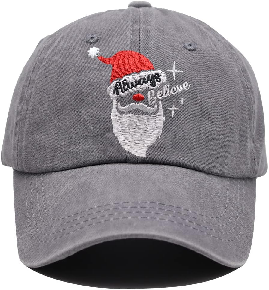 HHNLB Funny Christmas Hats for Men Women, Santa Always Believe Gifts, Adjustable Embroidered Merry Xmas Holiday Baseball Cap