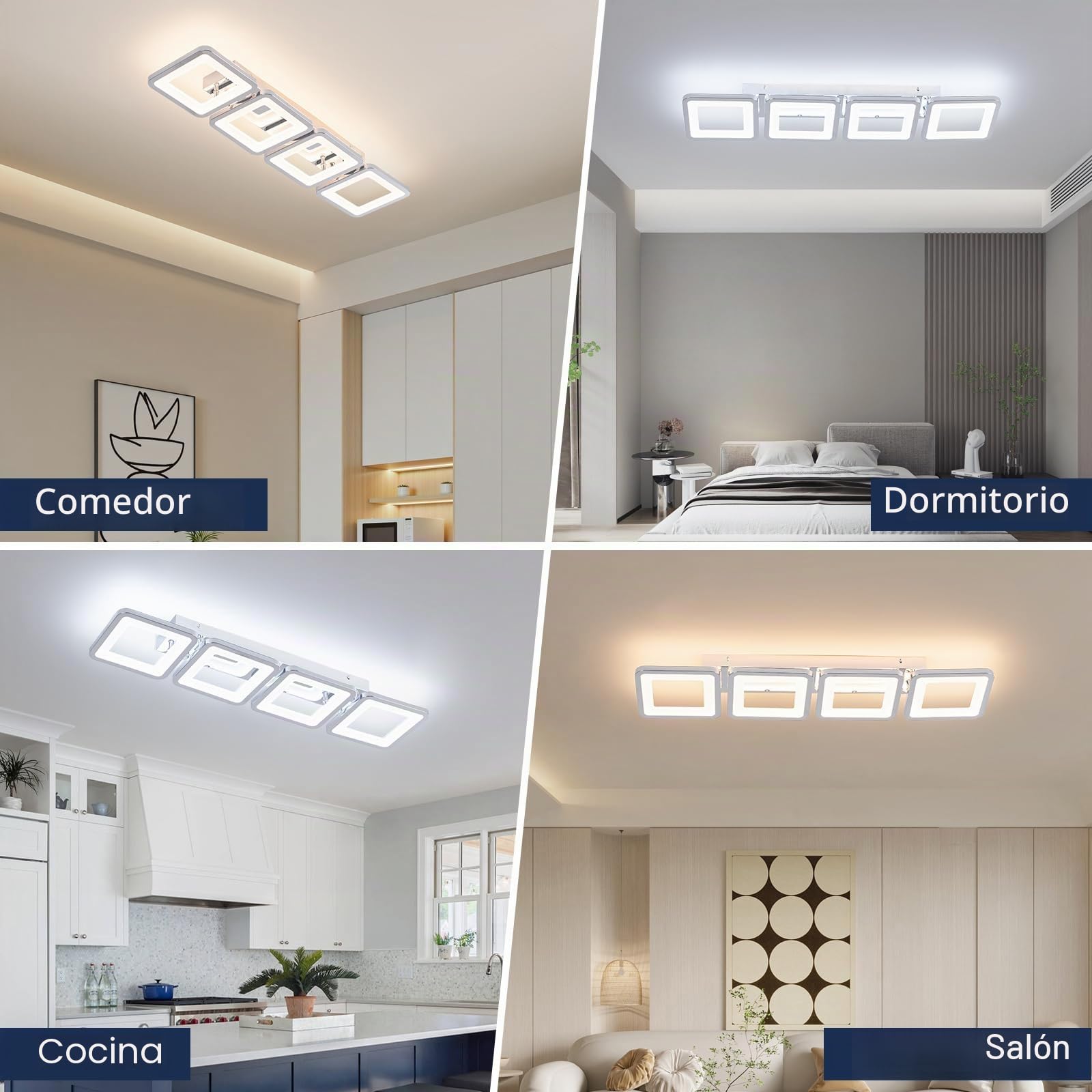 Lámpara de techo LED regulable (69 cm, con mando a distancia, 3000-6500 K, 4 cuadrados, plata, lámpara de techo para pasillo, comedor, dormitorio, oficina, cocina, salón