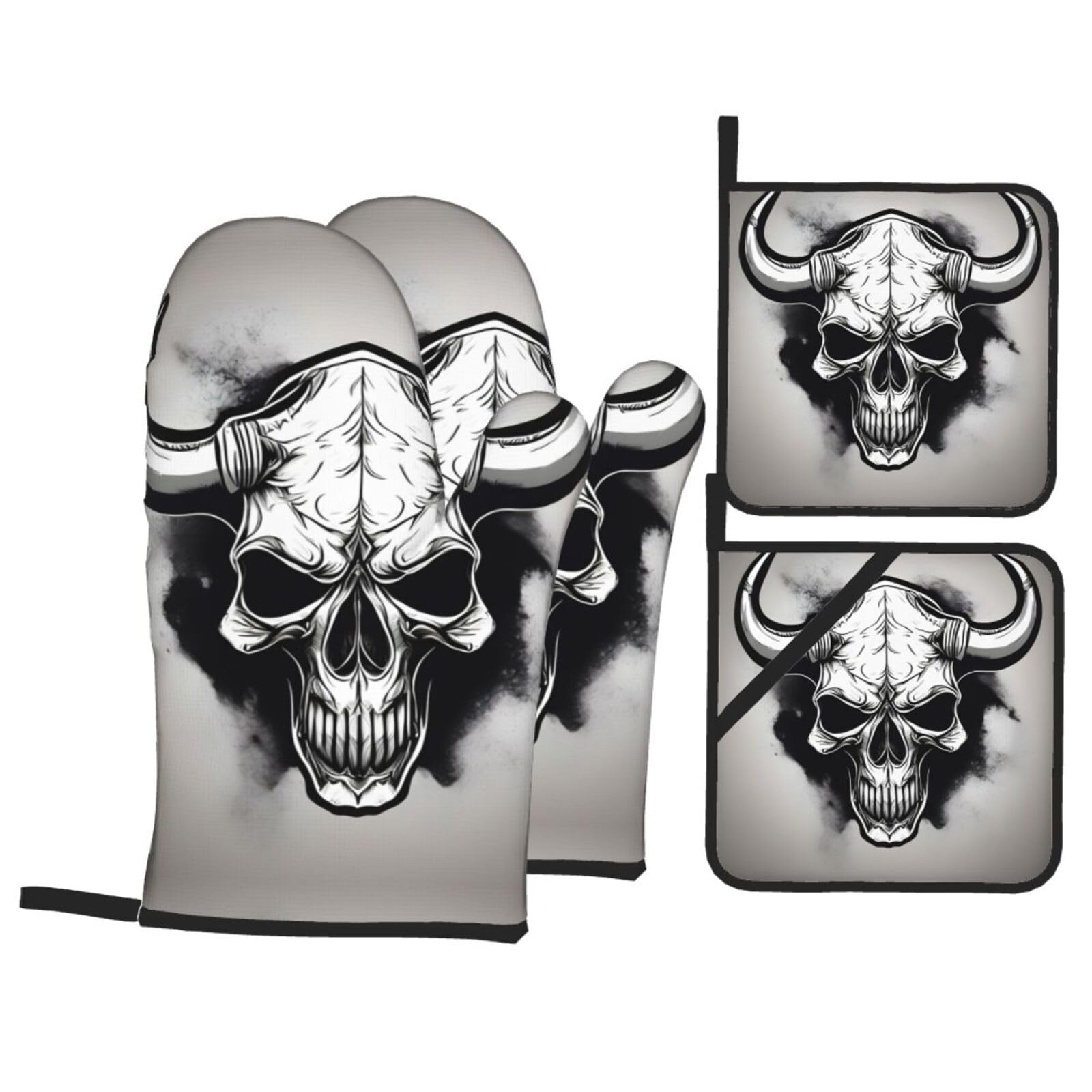 Bull Skull Print Oven Microwaving Waterproof Kitchen Gloves for Baking Grilling Holiday Cooking
