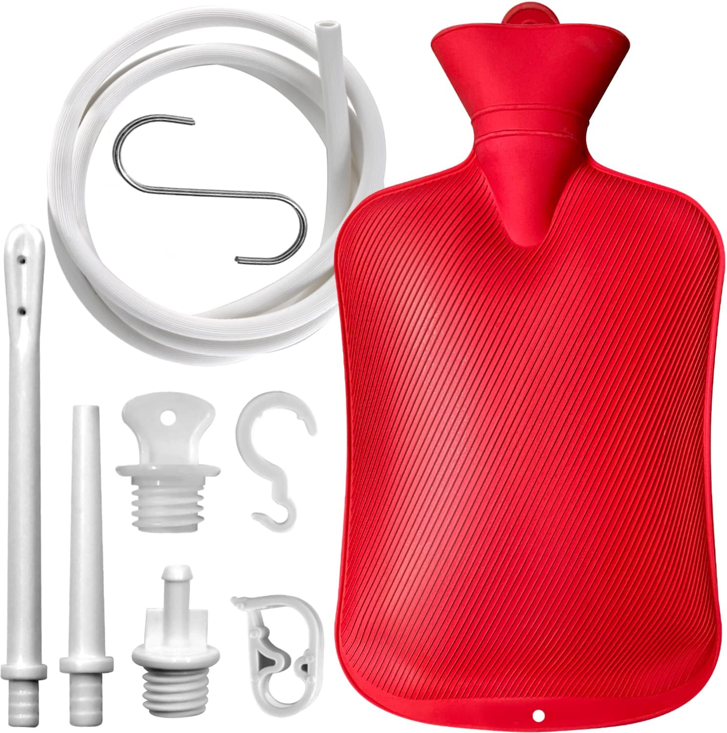 Enema Bag 2L Home Enema Kit with 2 Enema Tips,60 inch Long Silicone Hose, Controlable Water Flow Valve, Hot-Water Bottle for Colon Cleansing Enemas for Women/Men๏ผRed๏ผ