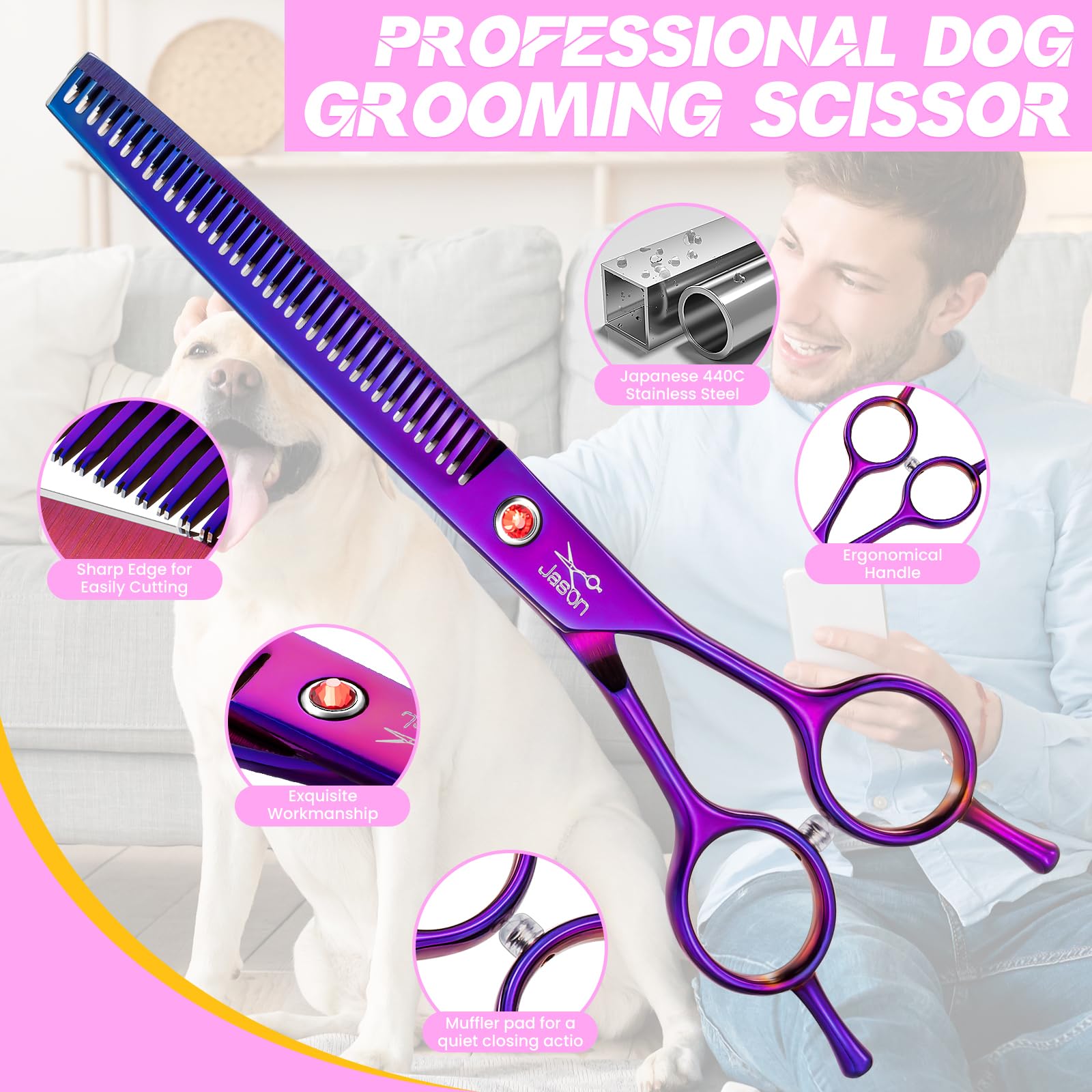 JASON Profi Effilierschere für Hunde - 7.5" Professionelle Ausdünnschere Hundeschere mit 36 Zähnen Japanische Edelstahl Fellschere für Hunde Katzen（Ausdünnungsschere mit 36 Zähnen,Lila）