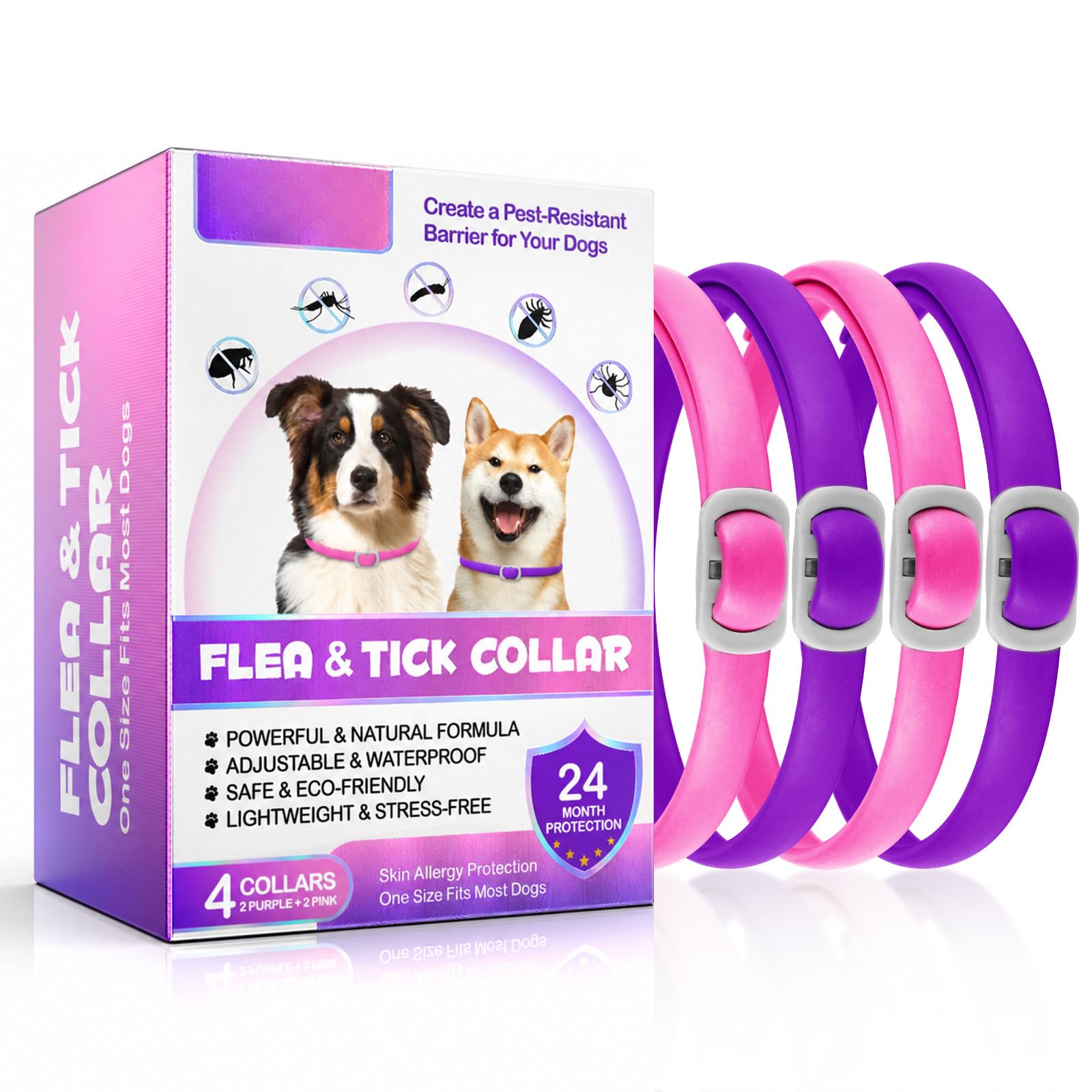 4 Pack Collar for Dogs, Collares para Perros, Suaves y Seguros, Ajustables e Impermeables, Longitud 60 cm, Natural Dog Collar for 24 Months Protection