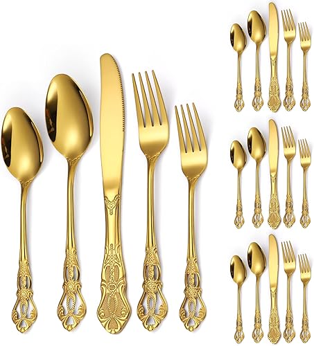 A  HOUSEWARE Gold Silverware Set for 4 Vintage Hollow Relief Stainless Steel Flatware 20 Piece Cutlery Sets with Knives Spoons Forks,Heavy Durable