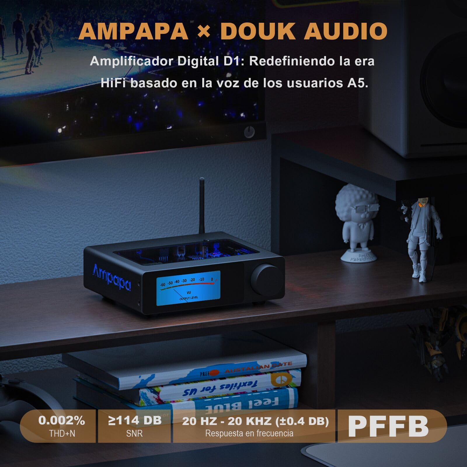 Amplificador Bluetooth HiFi: Amplificador Estéreo con BT 5.2 | HPF | Medidor Digital VU | Sub Pre-Out | Entrada TRS Equilibrada | Control de Tono y Control Remoto para Cine en Casa y Sistema de