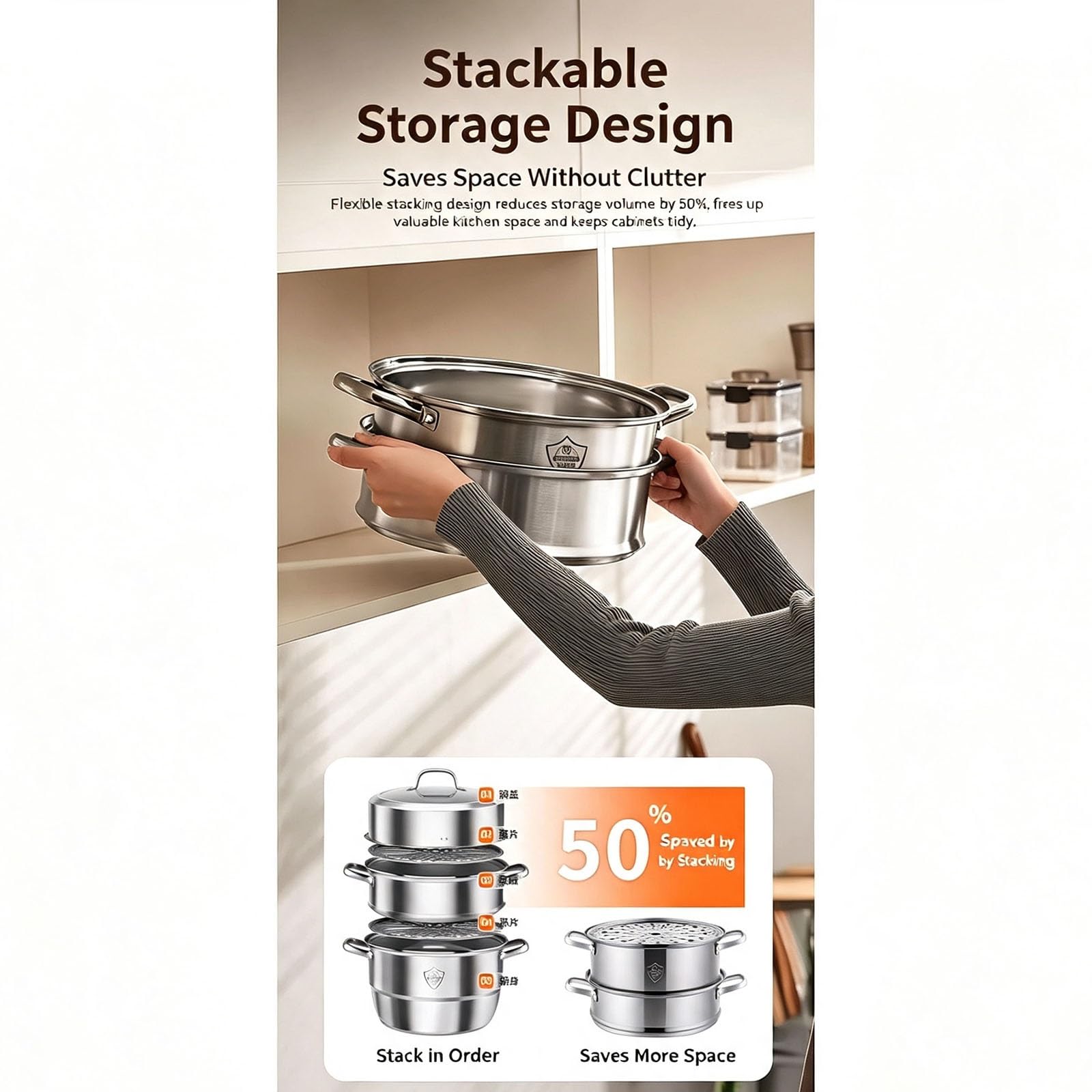 3-stufiger Dampfgartopf aus Edelstahl for Kochen | Stapelbarer Eintopf-Kochtopf for Gas-Induktionsherd(36cm)