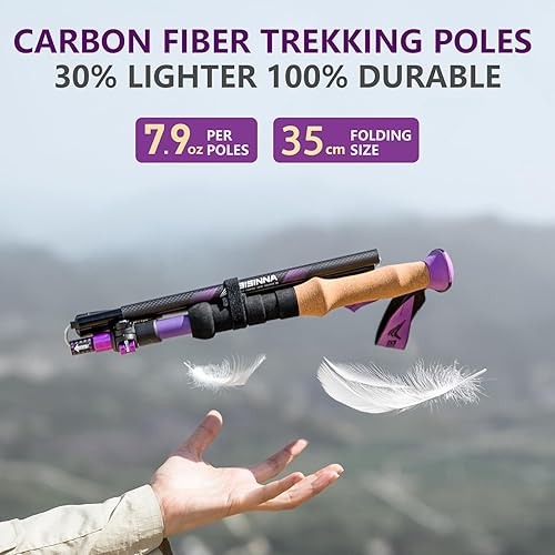 Miniatura 2 de BISINNA Bastones de senderismo de fibra de carbono plegables, bastones ligeros con mango de corcho, cierre rápido para mujeres y hombres, 2 unidades