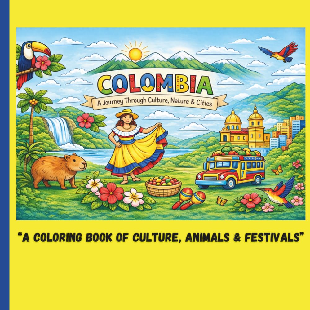 Colombia Coloring Book for Kids, Teens & Adults: A Journey Through Culture, Nature & Cities: Fun and Educational Coloring Pages Featuring Animals, Festivals, Cities & Traditions of Colombia