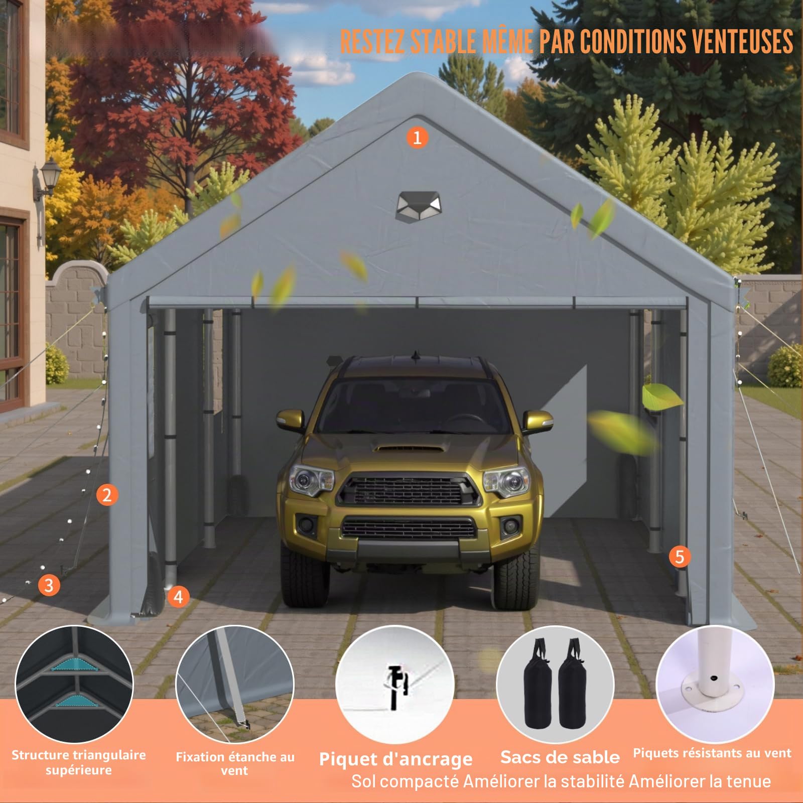 Carport Tente de garage extra large résistante à l'hiver 3,6 x 6 m avec fenêtre enroulable pour voiture, SUV, bateaux et camions – Parois latérales et toit amovibles