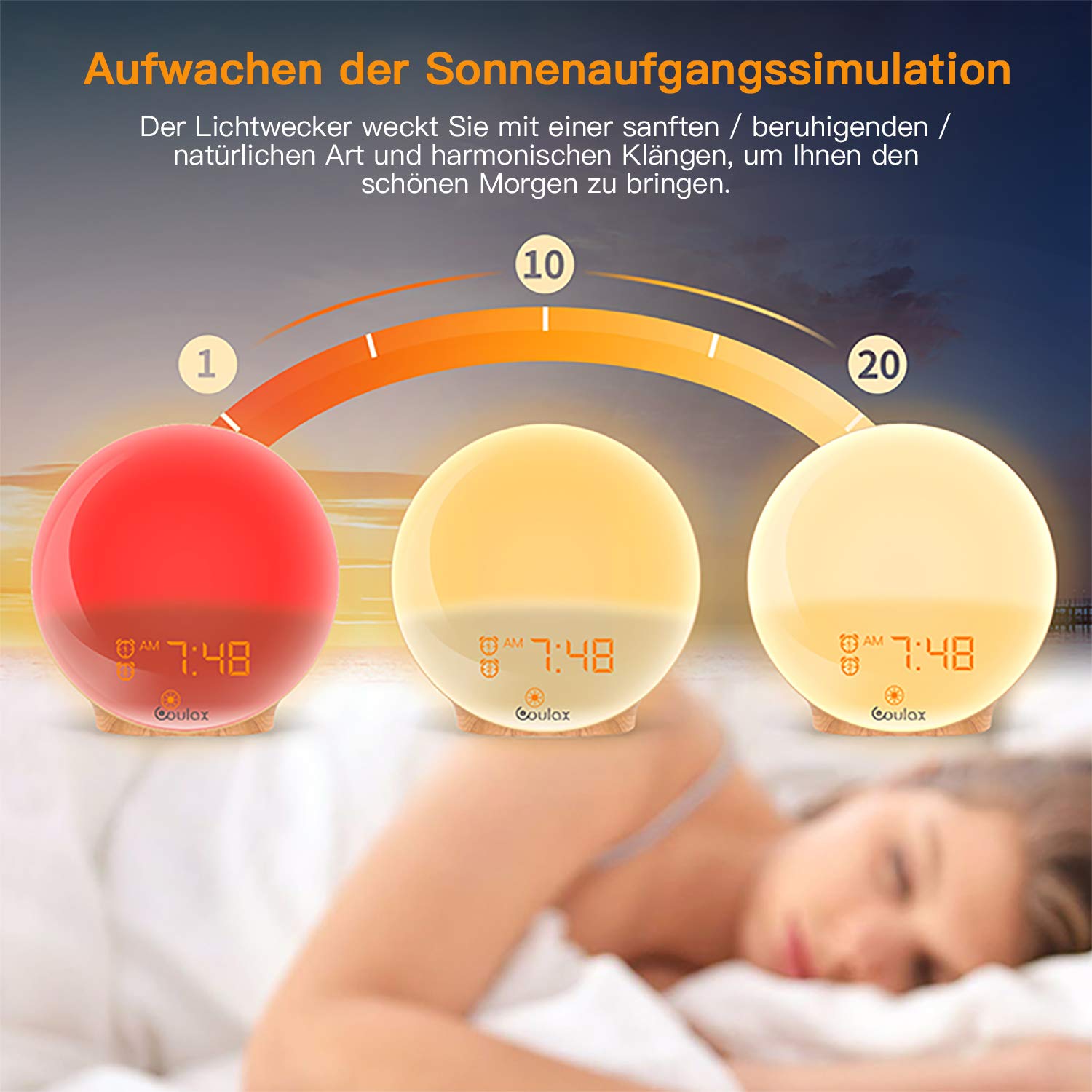 COULAX Wake Up Lichtwekker, houtlook, daglichtwekker, met 2 wektijden
