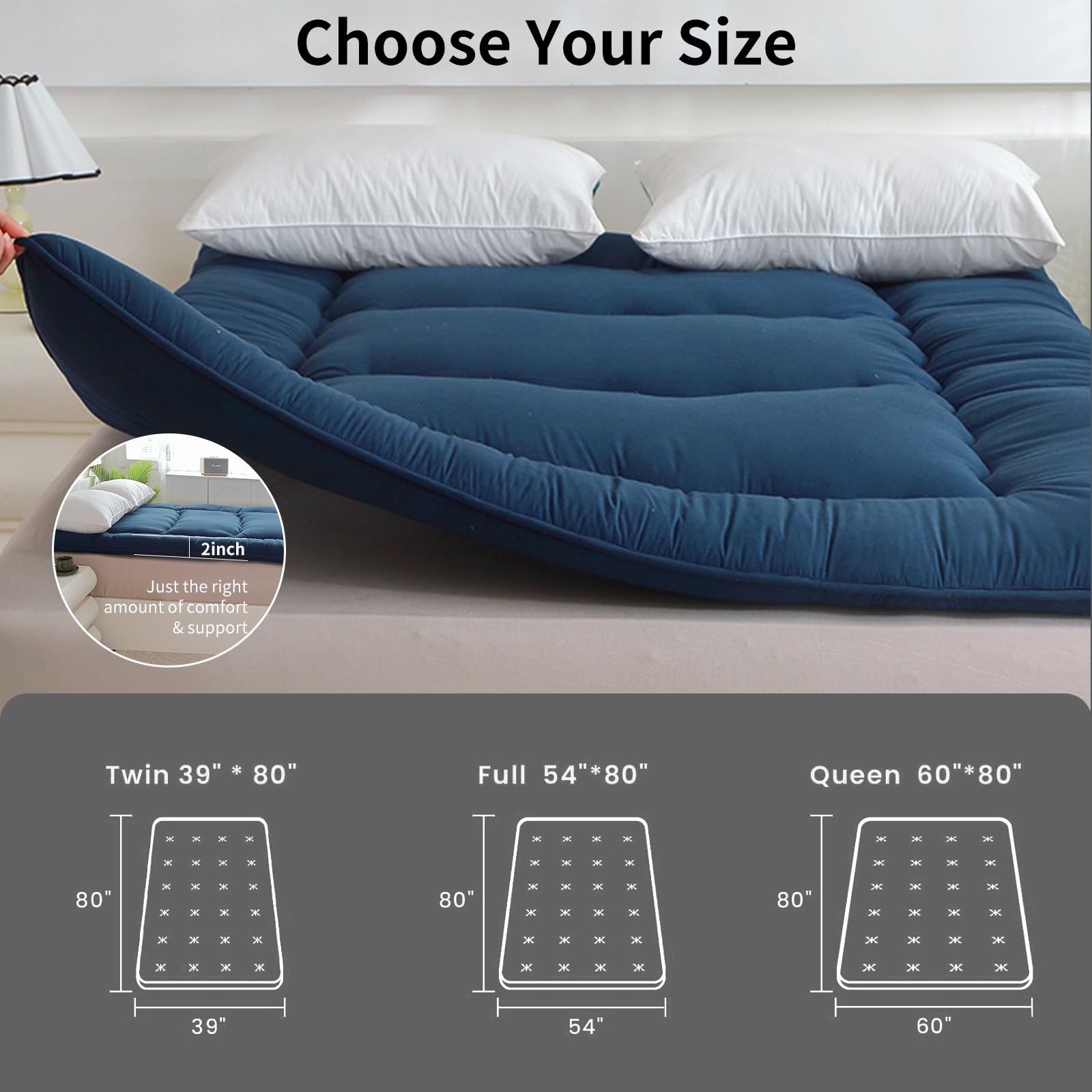 Futon-Matratze, japanische Bodenmatratze, Japanisches Bodenbett, faltbares Tatami-Bett, aufrollbare Schlafunterlage für Gästeraum, Schlafzimmer (Marineblau, Full-Matratze(137 * 203CM))