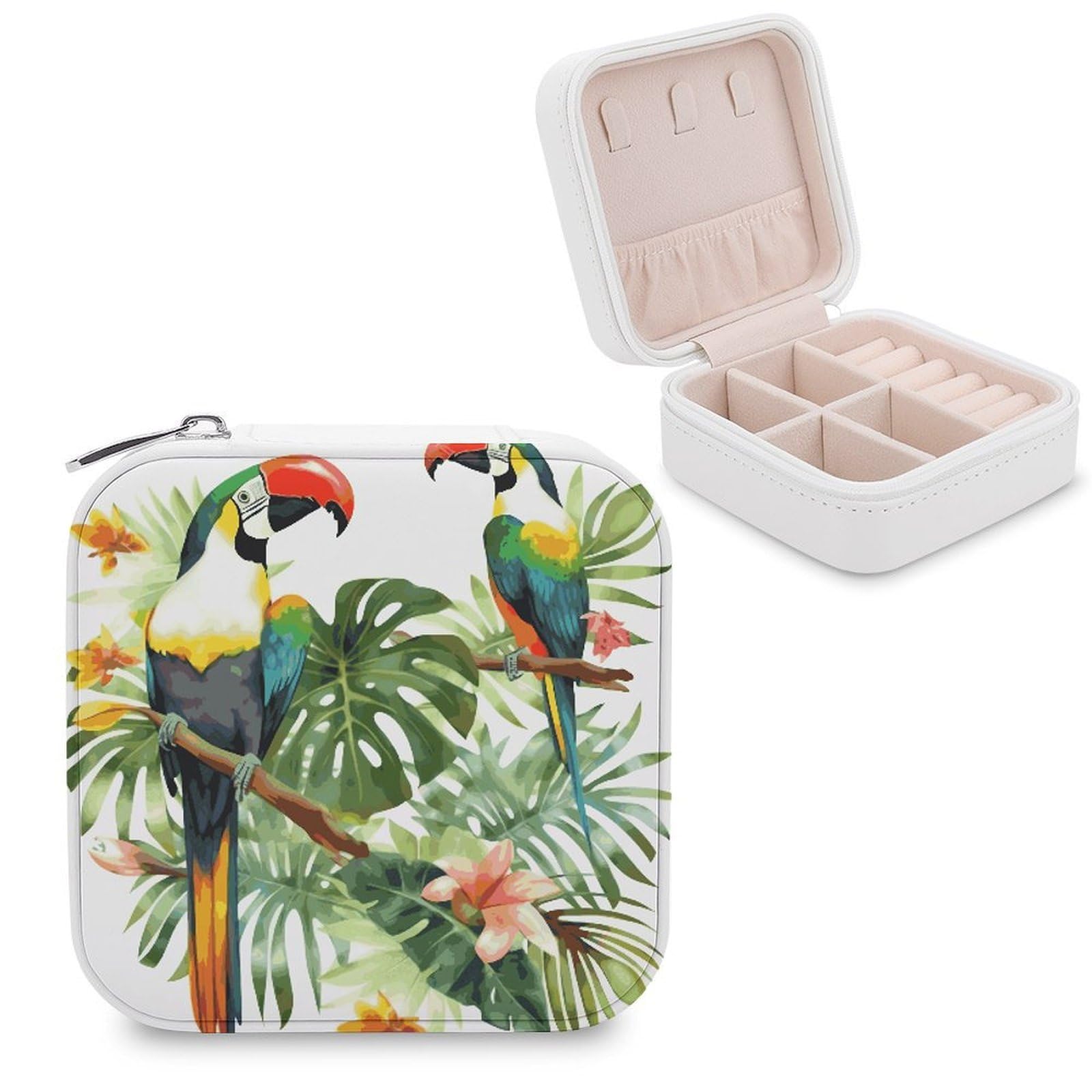 MUSM Toucans Parrot Palm Tree Leaves Travel Jewelry Case Personalized PU Leather Jewelry Boxes for Women Small Portable Jewelry Organizer Box Cute Trinket Box for Necklaces Rings Earrings & Gifts