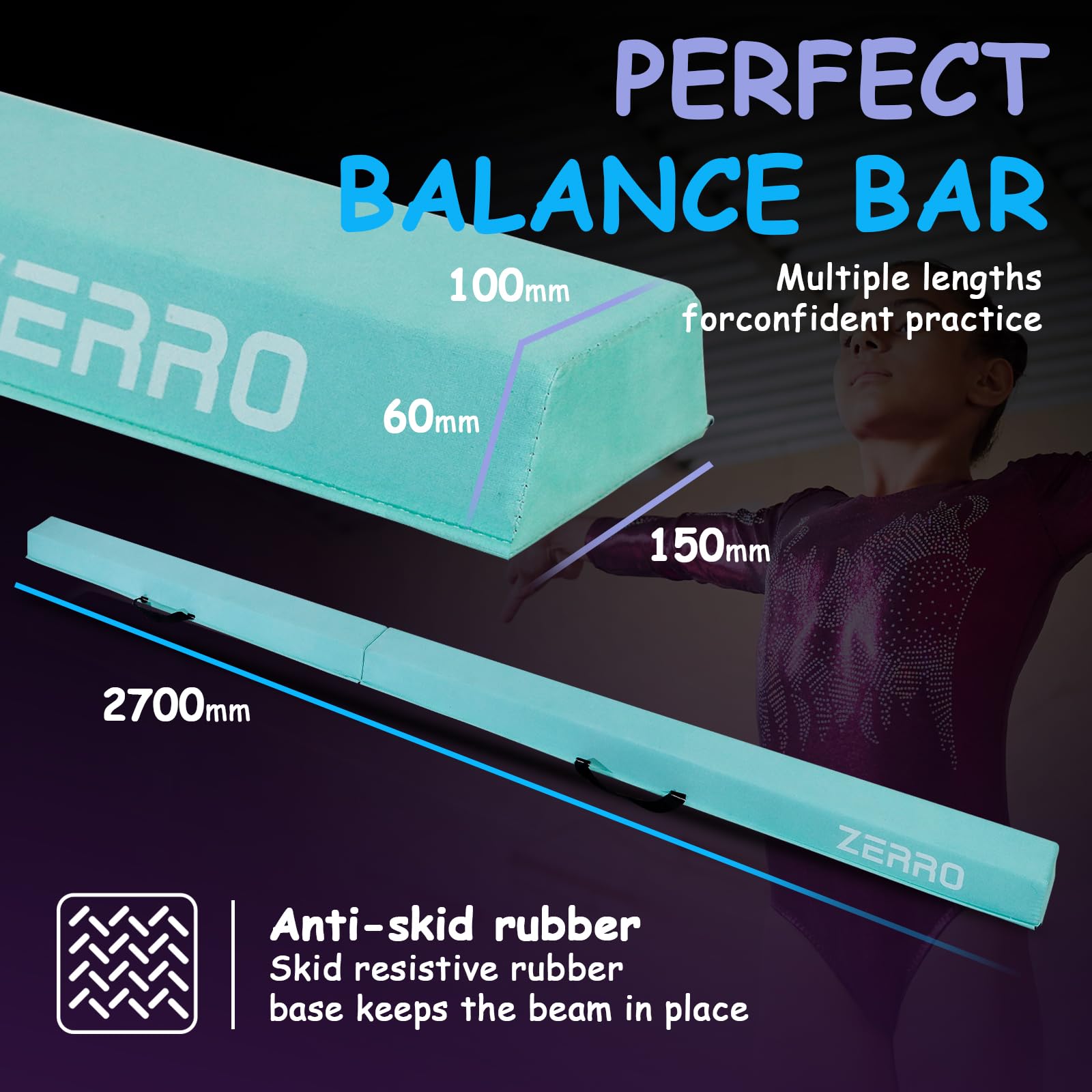 ZERRO Poutre Gymnastique Pliable Enfant, 240cm/270cm Poutre de Gym, Gymnastique Materiel Portative, Vert/Violet