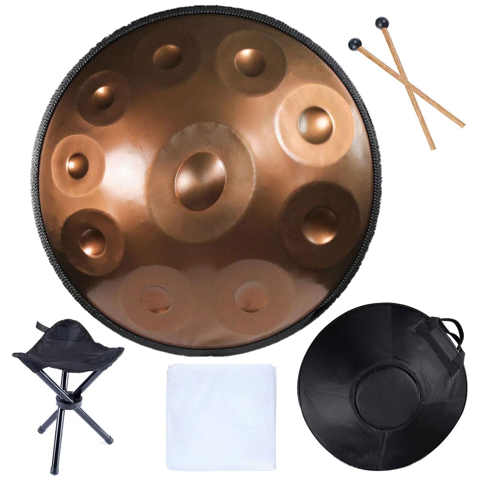 Zungentrommel für Musikinstrumente, 432-Hz-Handtrommel, handgefertigte Hohltrommel, Handpan-Stahltrommel mit Halterung, Aufbewahrungstasche, Trommelstöcke, staubfreies Tuch, 9 Töne/10 Töne/12 Töne