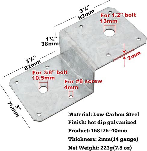 Miniatura 2 de 6 lazos de vigueta de cubierta, soporte de acero en Z, para vigas cruzadas de 2 x 4 y postes de 4 x 4, soporte de esquina de metal de calibre 14,