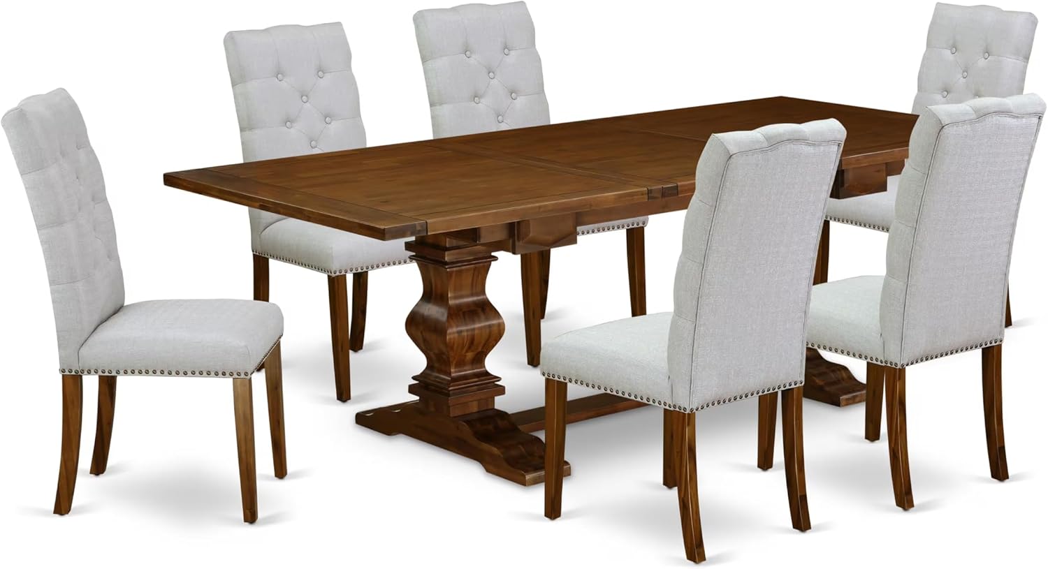 East West Furniture LAEL7-88-05 7 Piece Dining Room Table Set Consist of a Rectangle Kitchen Table with Removable Leaf and 6 Grey Linen Fabric Parson Dining Chairs, 42x92 Inch, Walnut