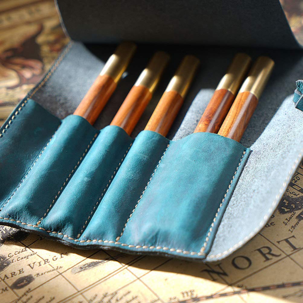 Operitacx Funda De Cuero Vintage Para y Lápices Estuche De Piel De Diseño Retro Para Oficina y Estudio Azul