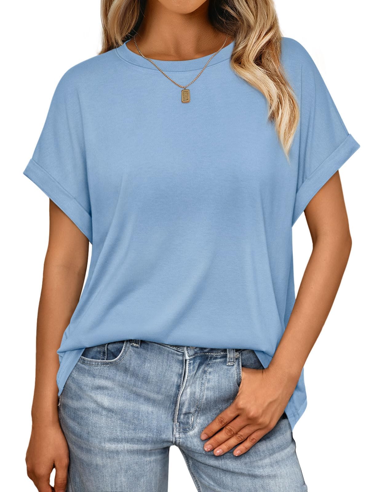 Cuptacc Tshirt Damen Sommer Kurzarm Rundhals T-Shirt Basic Oversize Top Damen Einfarbig Oberteil Freizeit 2XL 50-52 Himmelblau